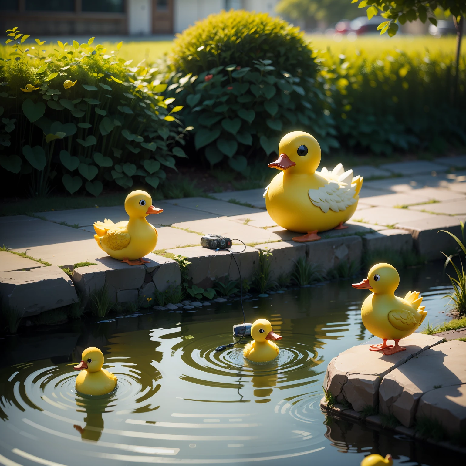 yellow rubber duckling, with a radio in the background, swimming in the pond, with headphones, listening to music --auto