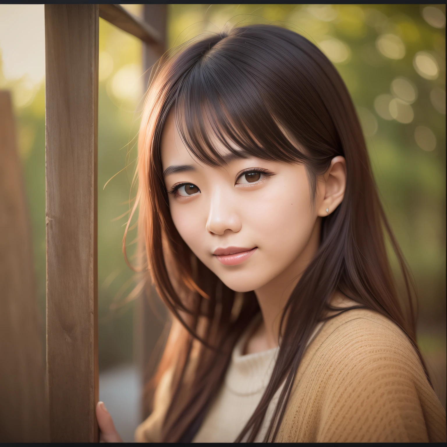 Beautiful young Japan woman, smiling, facing front, closeup, polaroid, octane rendering, 100mm, rpg maker, bohemian color, kurokawa, golden hour sunlight, hyperrealistic, dramatic shadow, film noir style