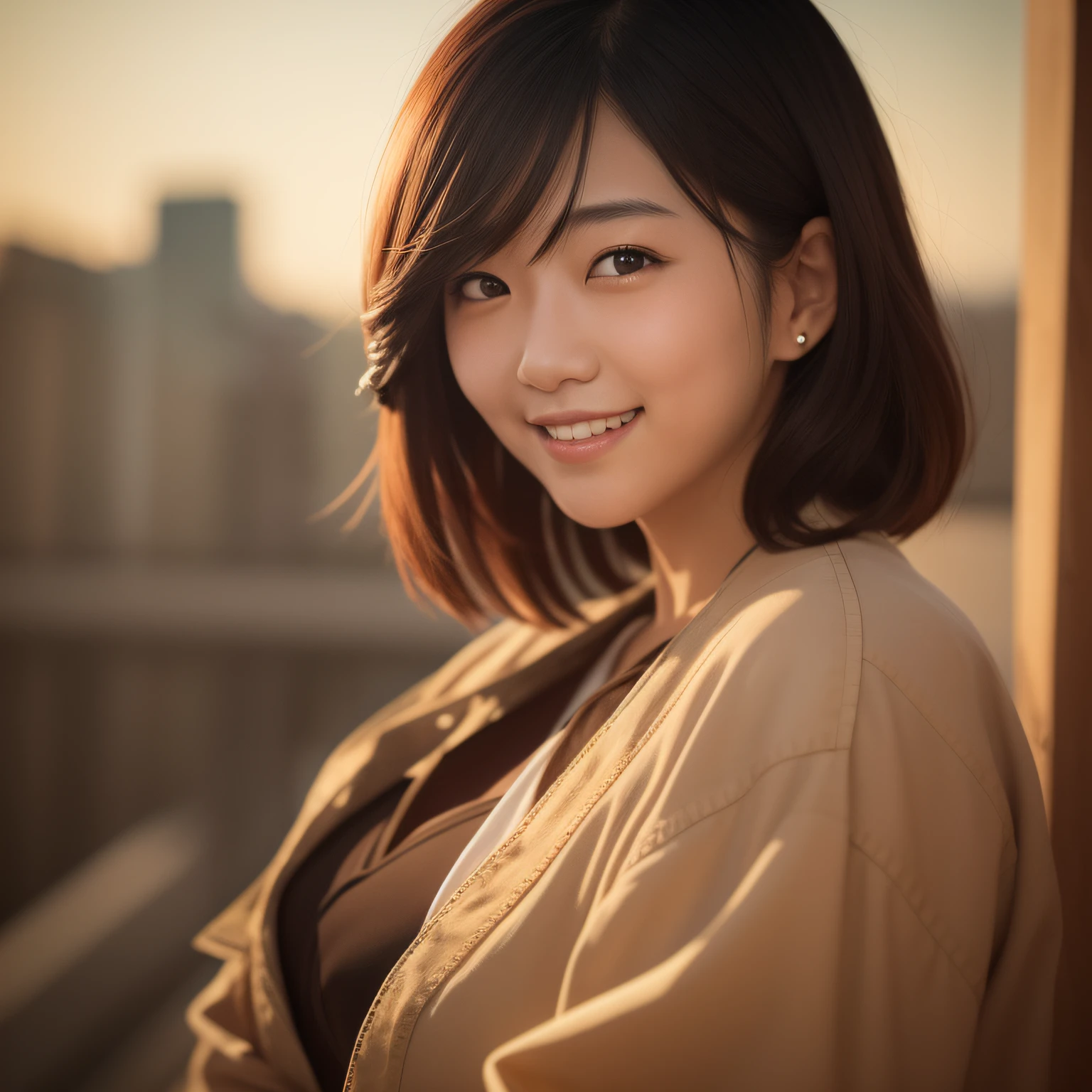 Beautiful young Japan woman, smiling, facing front, closeup, polaroid, octane rendering, 100mm, rpg maker, bohemian color, kurokawa, golden hour sunlight, hyperrealistic, dramatic shadow, film noir style