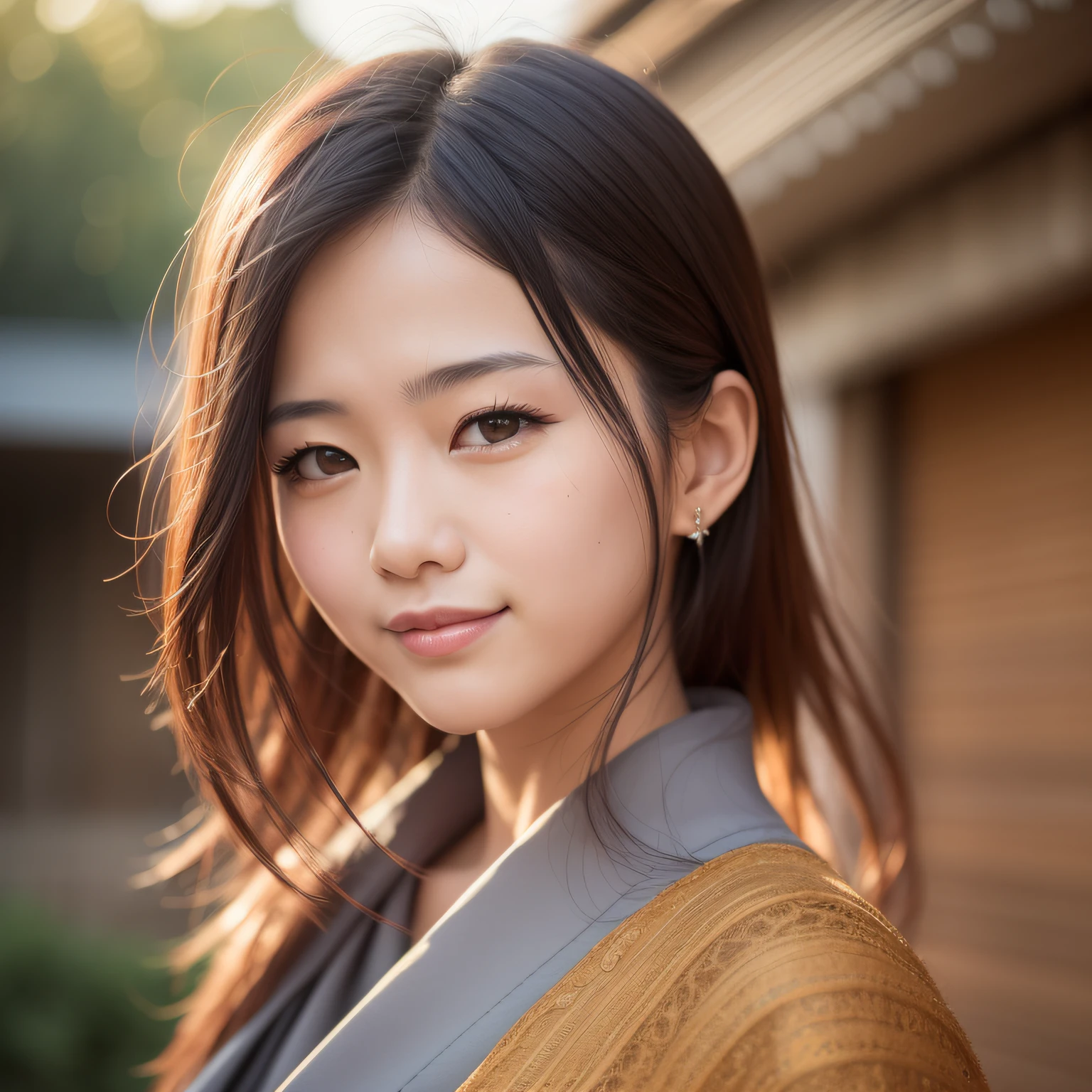 Beautiful young Japan woman, smiling, facing front, closeup, polaroid, octane rendering, 100mm, rpg maker, bohemian color, kurokawa, golden hour sunlight, hyperrealistic, dramatic shadow, film noir style