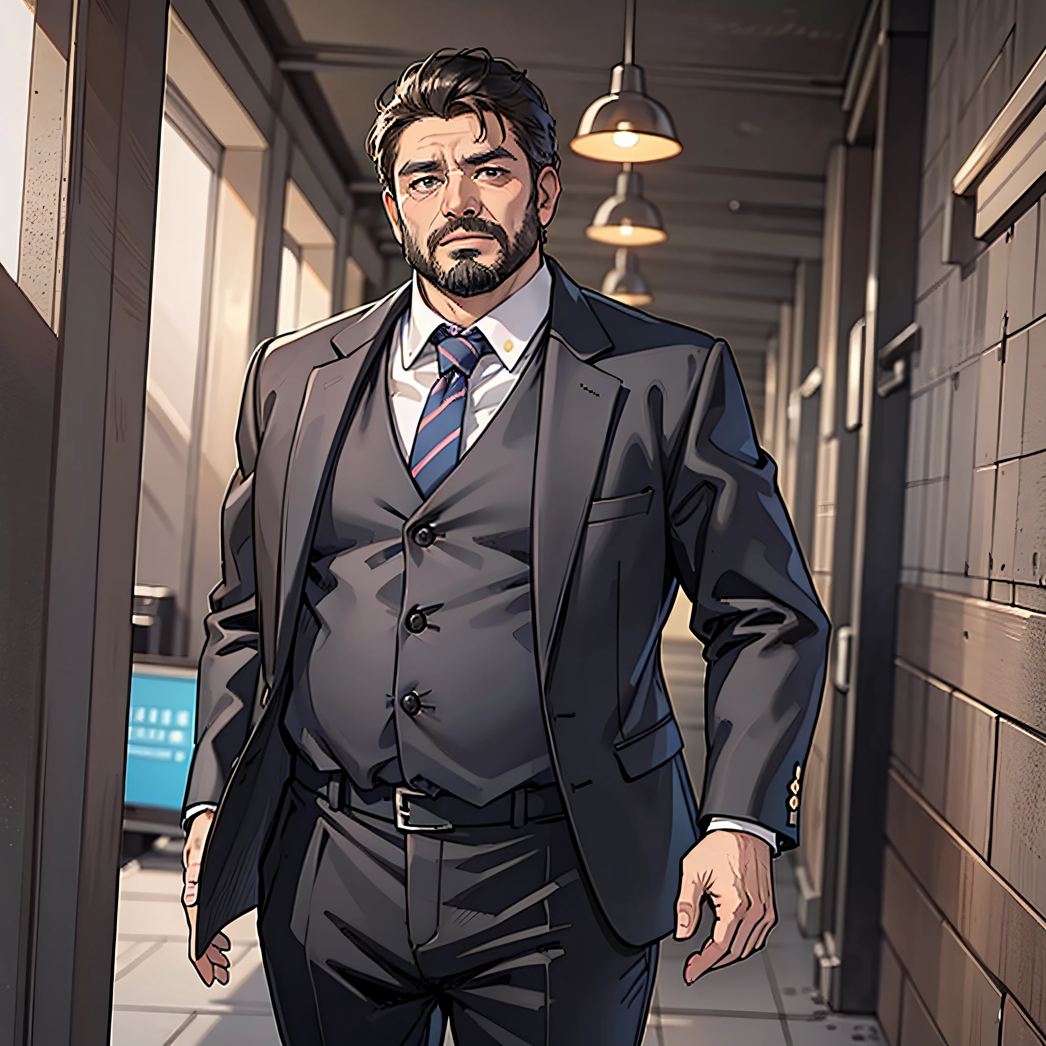 A middle-aged man in a black suit, bearded, fat, at the entrance of the complex, high resolution, 4K