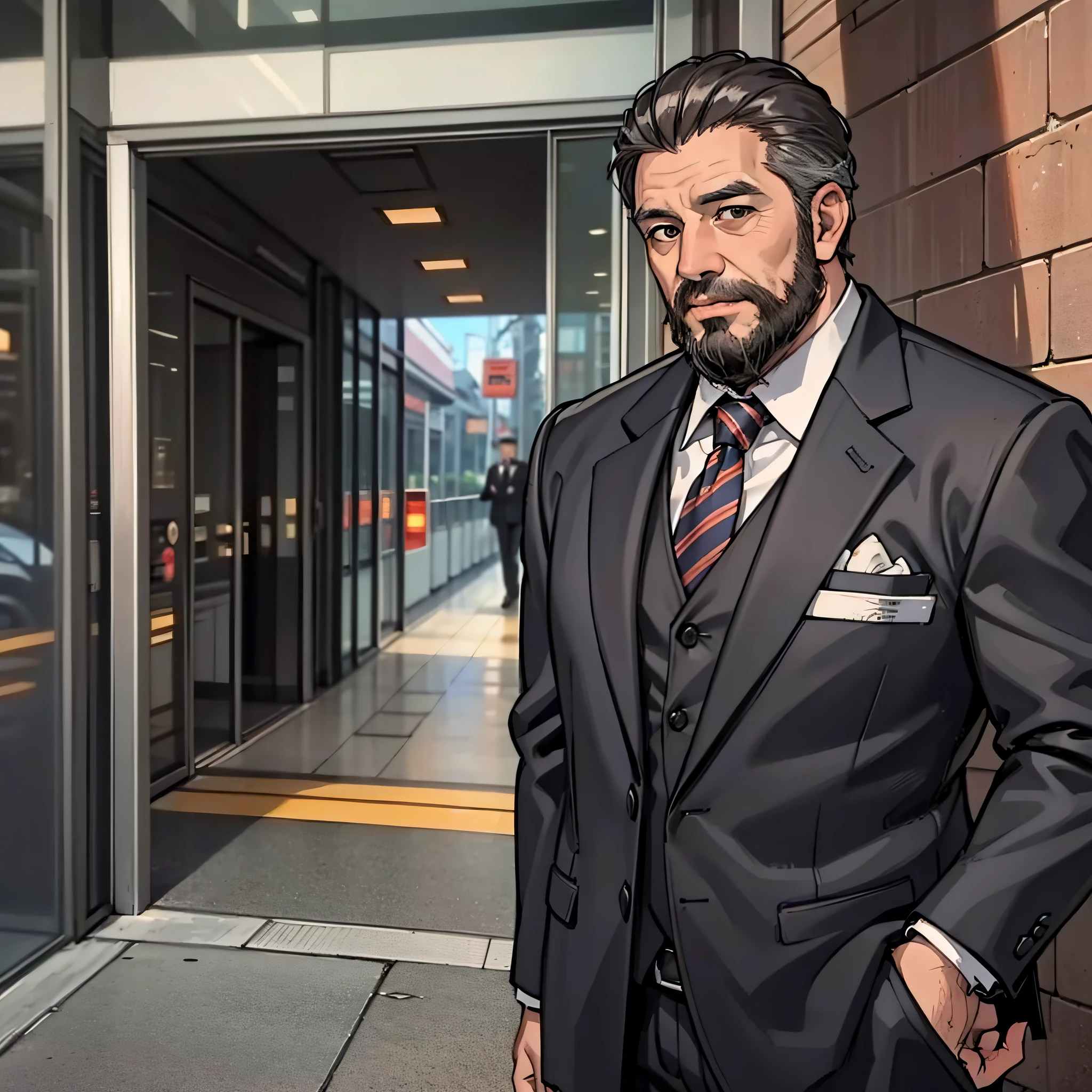 A middle-aged man in a black suit, bearded, fat, at the entrance of the complex, high resolution, 4K