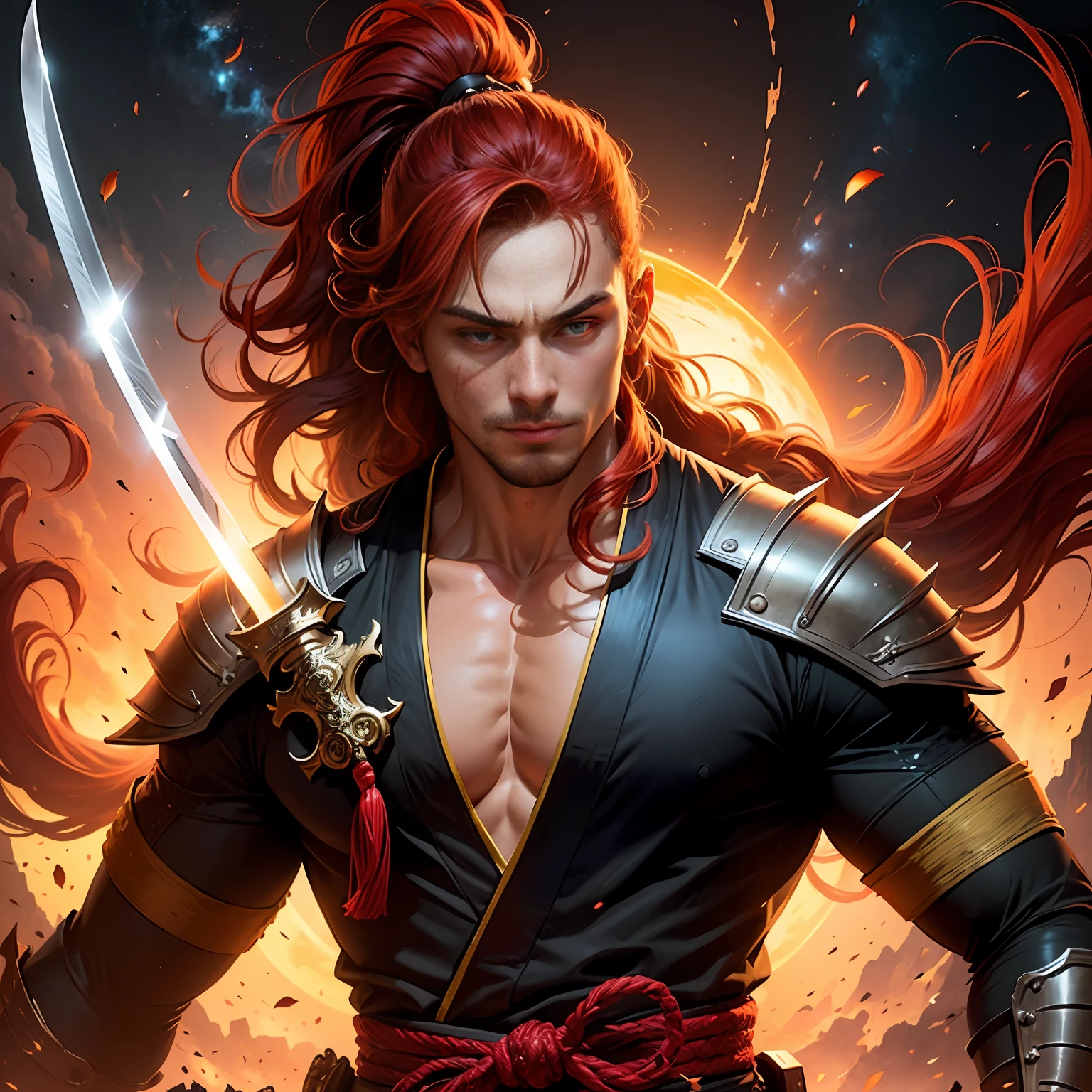 Portrait of a young swordsman with long red hair in a ponytail in a red and yellow kimono, sunset, day, sun, half body, black shape, dynamic, eyes glowing, dark red eclipse ambience, dynamic angle, masterful lighting composition of Frank Fazetta --auto