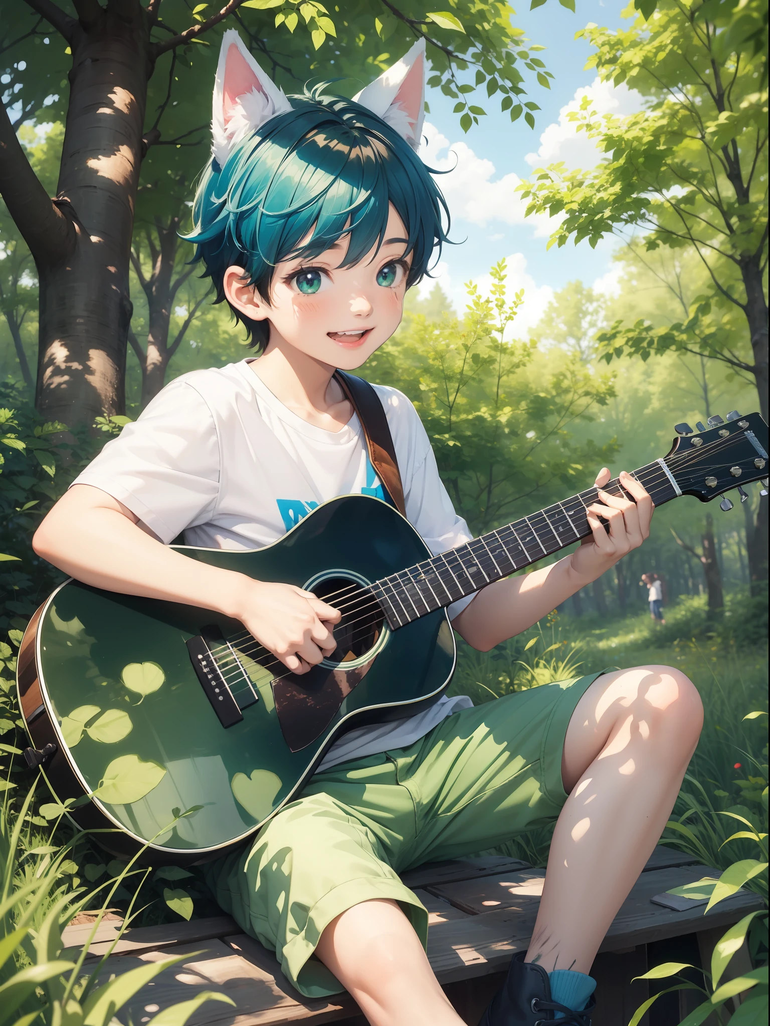 a boy are sitting on a park bench. 1boy is playing the guitar. smile, happy, in trees, forests and sunshine. sunshine, the mottled shadows, the blue sky and white clouds.Watercolor style, bright colors, sunny.green high saturation dappled sunlight, (Colorful) animal ears,, masterpiece, best quality,