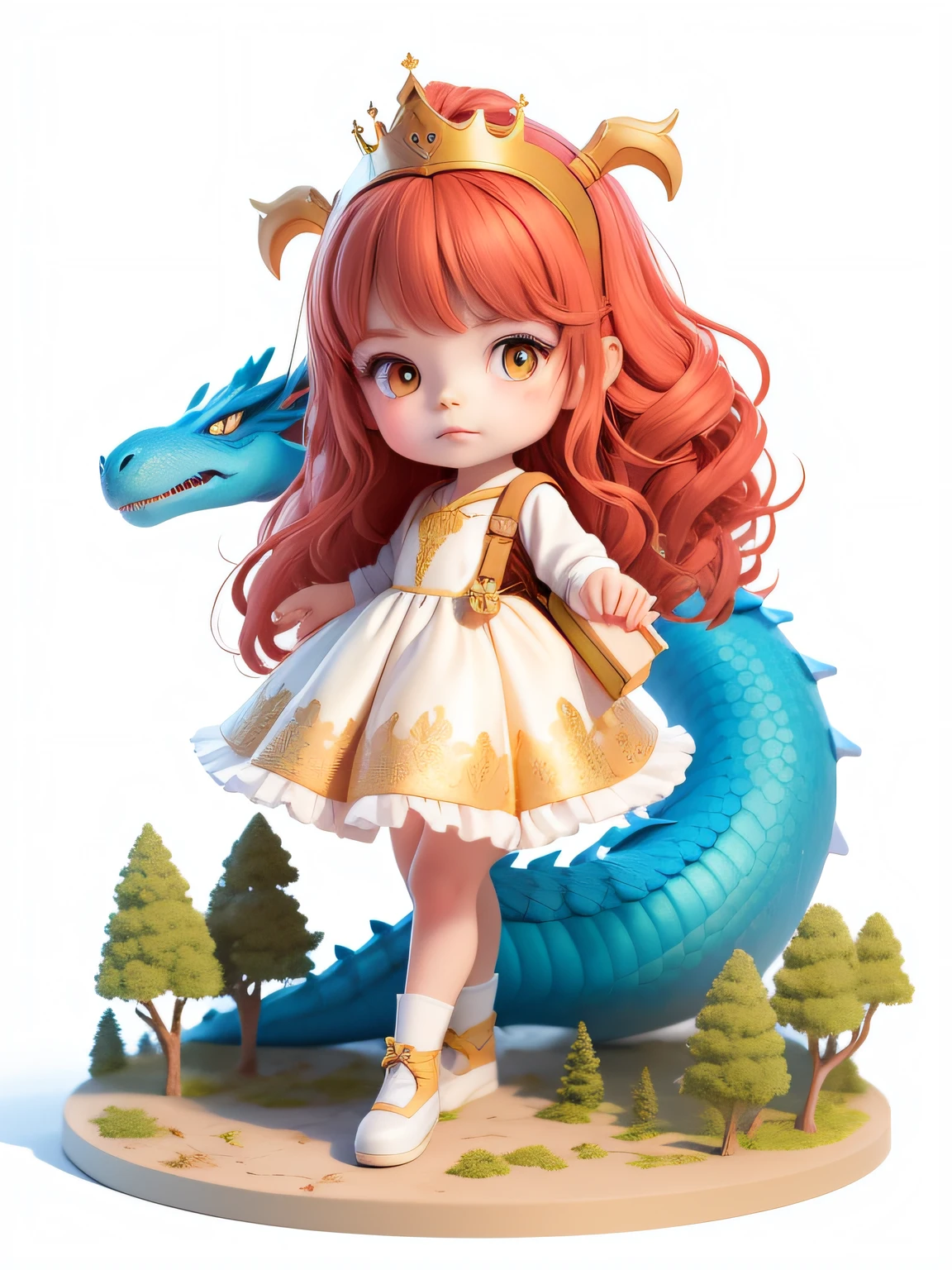 6 year old girl, little princess, various poses and expressions on white background, children's book illustration style, simple, cute, 6 years old, child, colors, forest, wavy long red hair, plain color, white and gold princess dress, no book, no glasses, no backpack, encountering a dragon with bright blue scales
