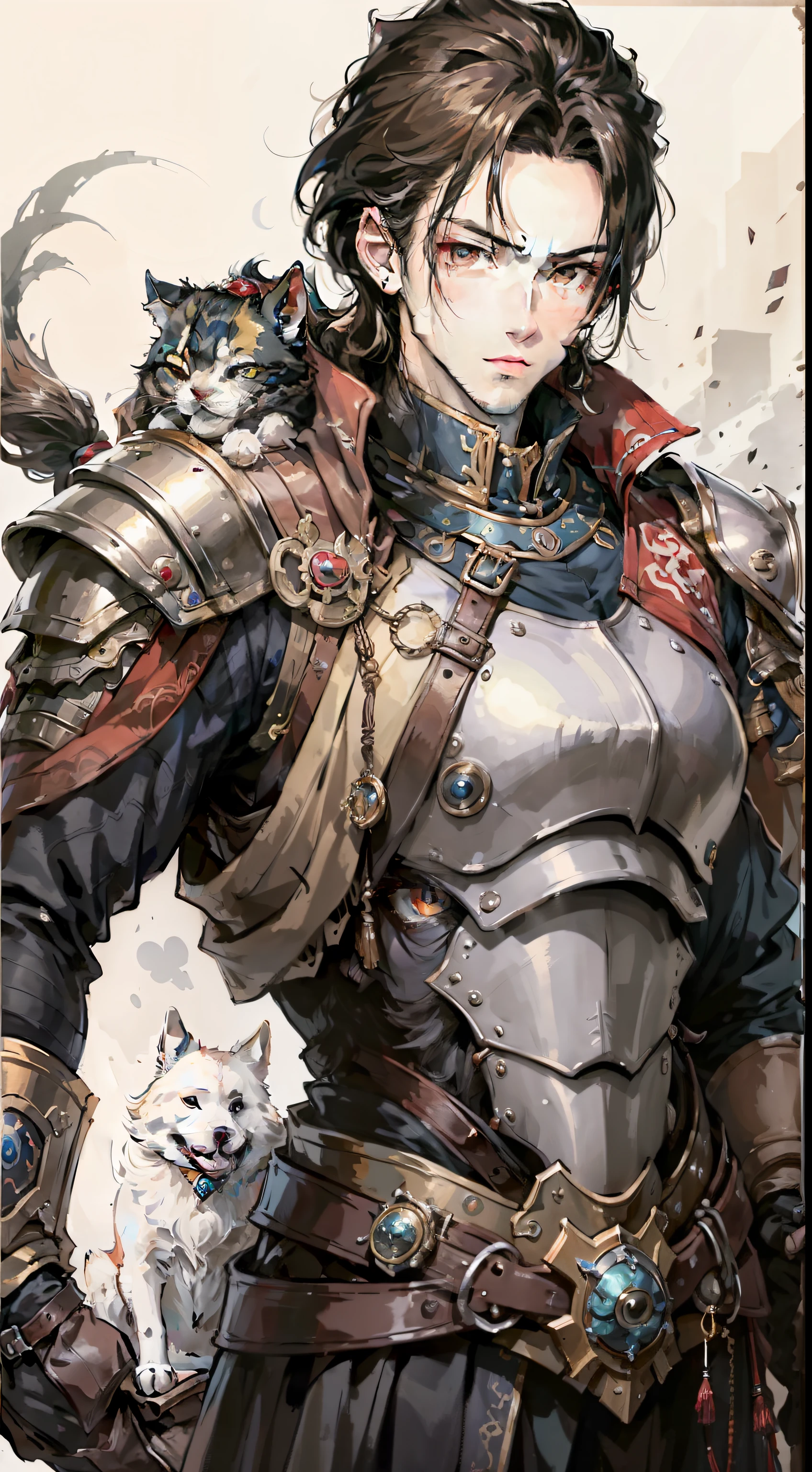 A young and handsome male voice, three eyes and a dog in armor, looking head-on, white background