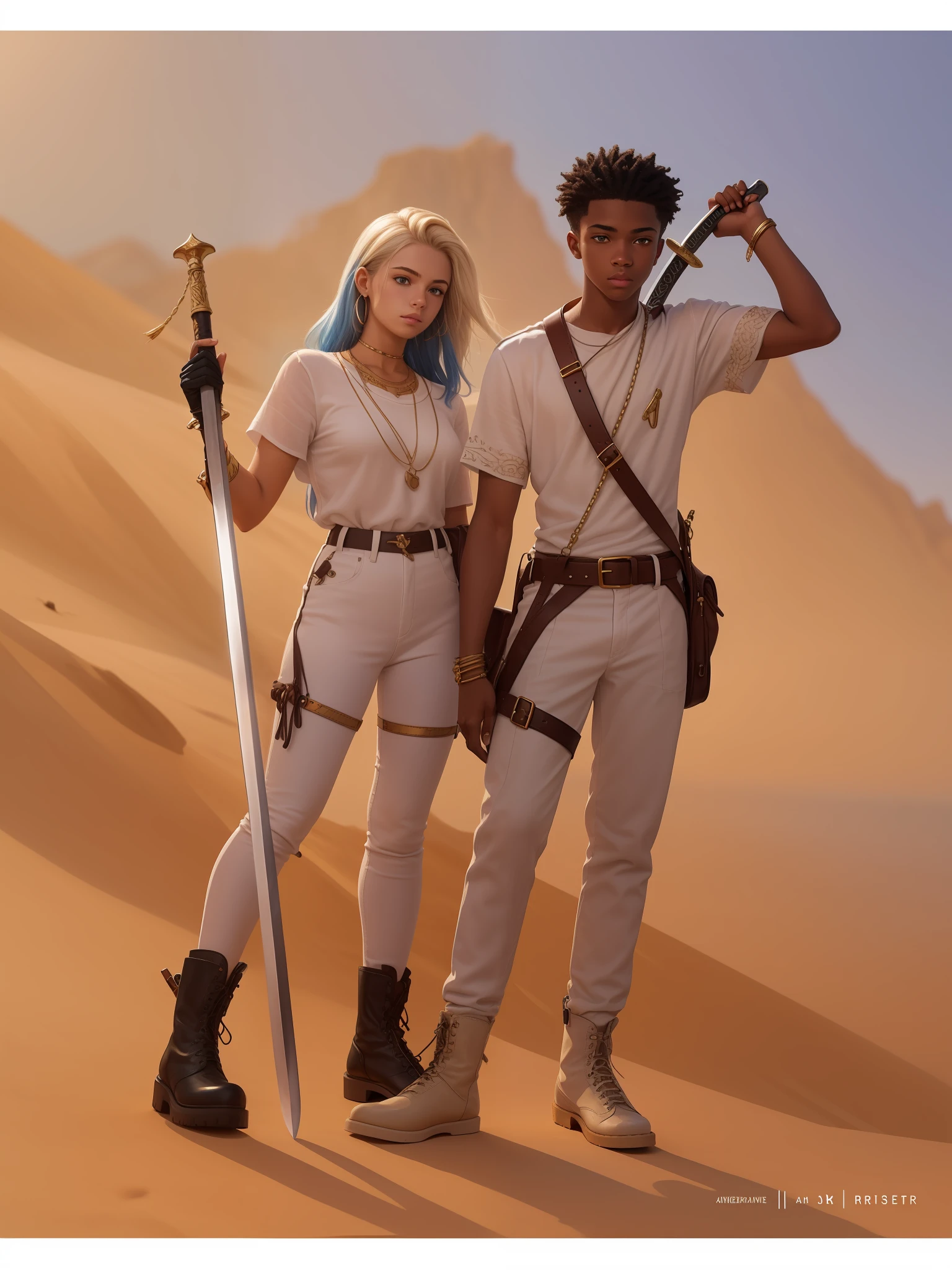 4k, realistic, very detailed, -yeld mateenager of African descent, in a white linen outfit with gold details, has a leather bag next to his body and has a sword on his back. At his foot is a white female 14-year-o giblondnd with blue hair ends, with blue eyes, fair skin, white linen clothing and wearing a black leather boot. She holds a white staff. The two are in a desert