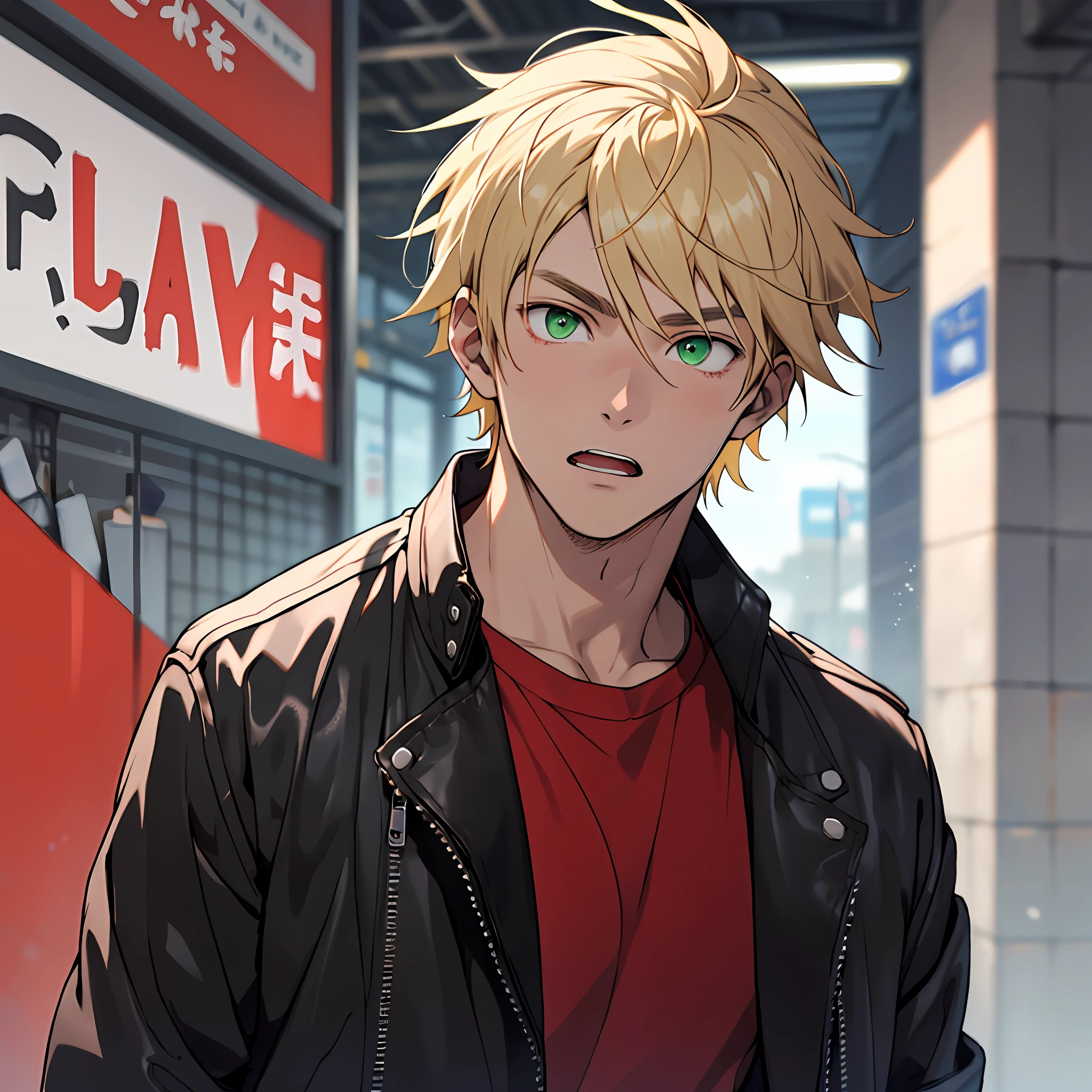 A 20-year-old man, blonde hair, green eyes, wearing a red T-shirt, black leather jacket, anime style, he looks very surprised