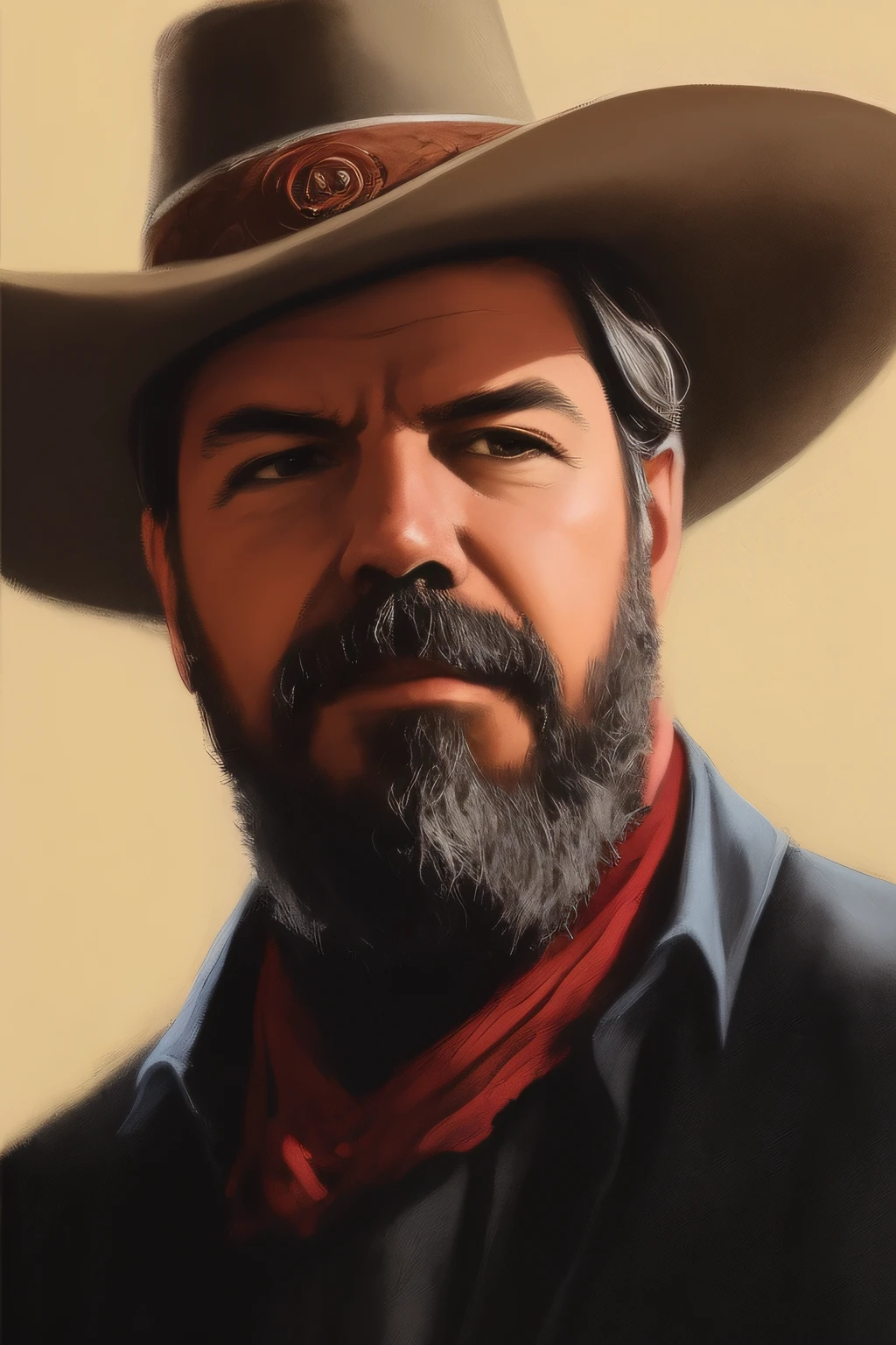 A closeup of a man wearing a black hat and a black shirt, Jesse McCree, [Western film], Red Dead Redemption art style, James Gurney painting style, Old West, James Gurney style, Django, western film, a portrait of the character.