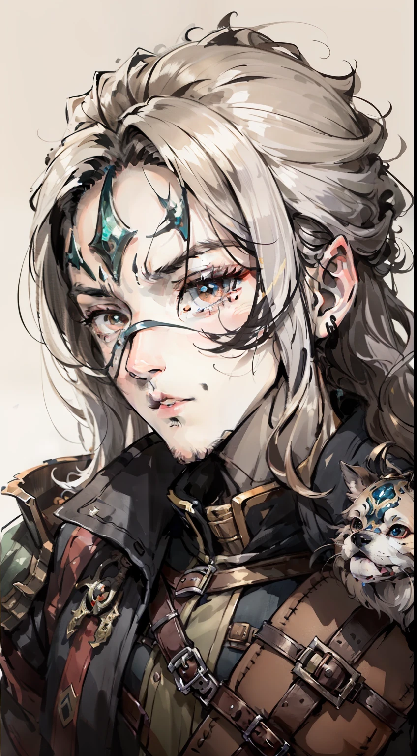 A young and handsome male voice, three eyes and a dog in armor, looking head-on, white background
