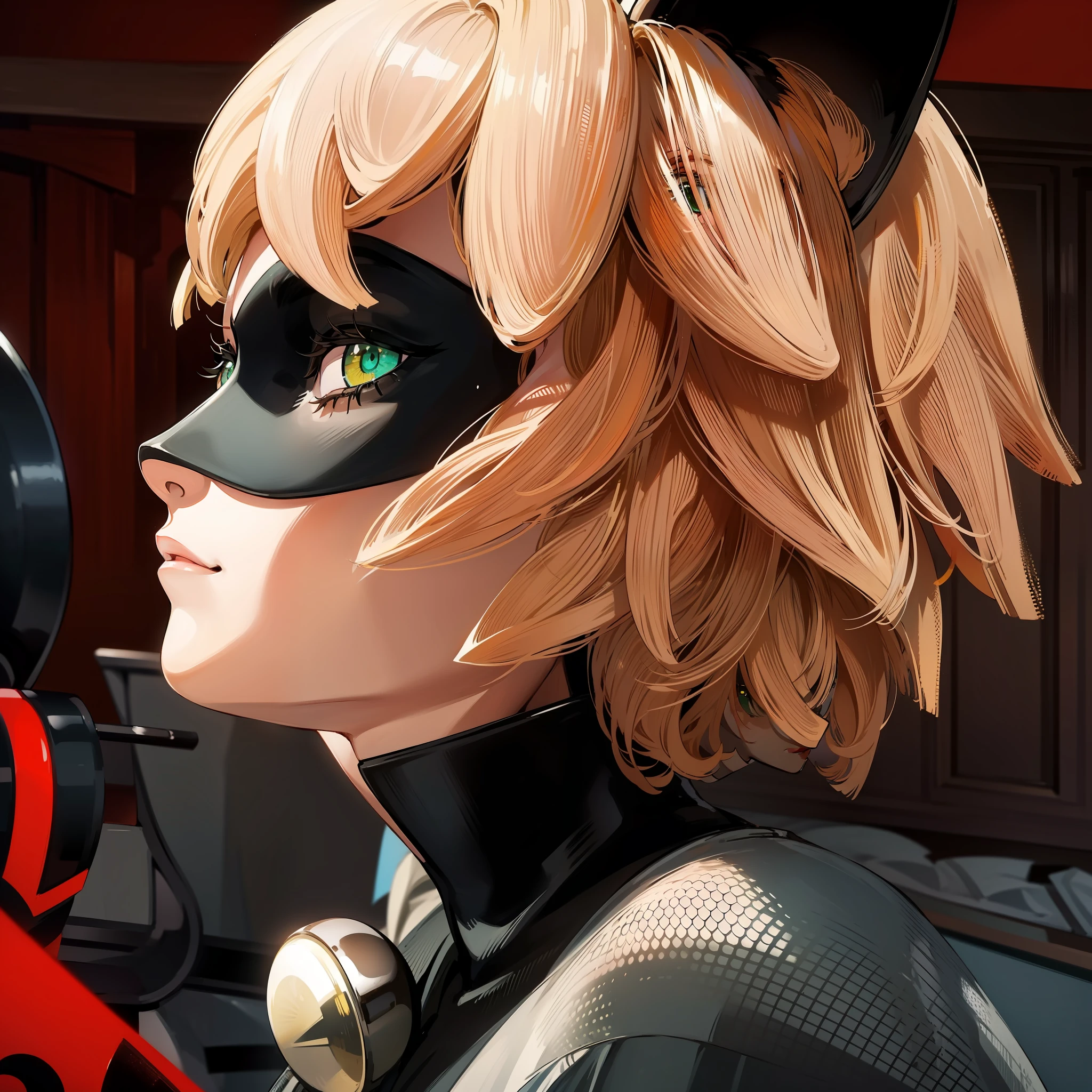 (Chat noir) (((1boy))), ((toned)), male focus, masterpiece, high quality, (masterpiece:1.2), (best quality:1.2), shiny, realistic, ornate, intricate skin, black cat ears, ((yellow hair)), (short hair), green eyes, mask _on_face, bangs, hair between eyes, hair_stick, cat_boy, japanese_clothes, jewelry, soil, pointy_ears, hair_bun, hair_ornament, hair_pin, holding_fan, paper_fan, elegant, looking_at_viewer, holding_fan, red_eyeliner, FH, crazy eyes, looking at the viewer, constricted pupils, dynamic pose, (shadows cast over the face:1.3), dark room, shadow room, crazy smile, (upper body)