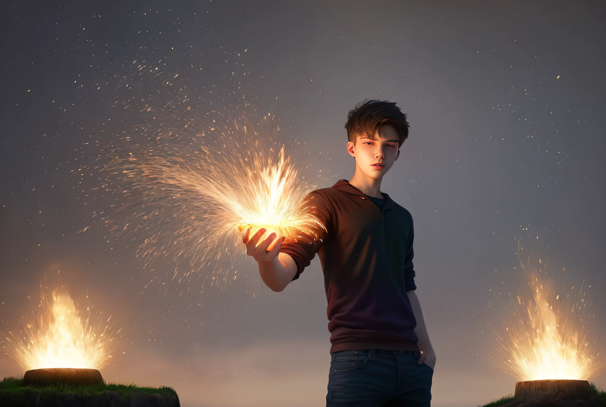 A 20-year-old man, casting a lighting spell with his hands, 3D digital art, detailed realistic image. 8 k .