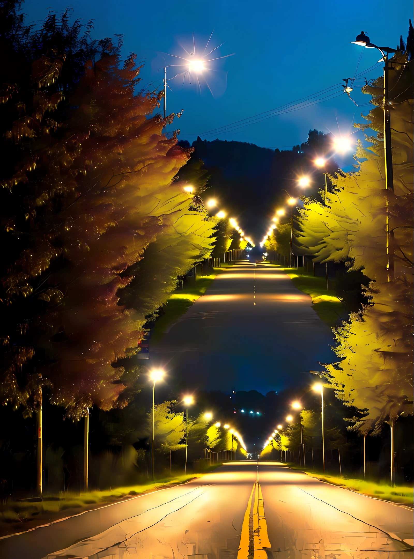 On a dark country road, street lamps six meters high stand on both sides