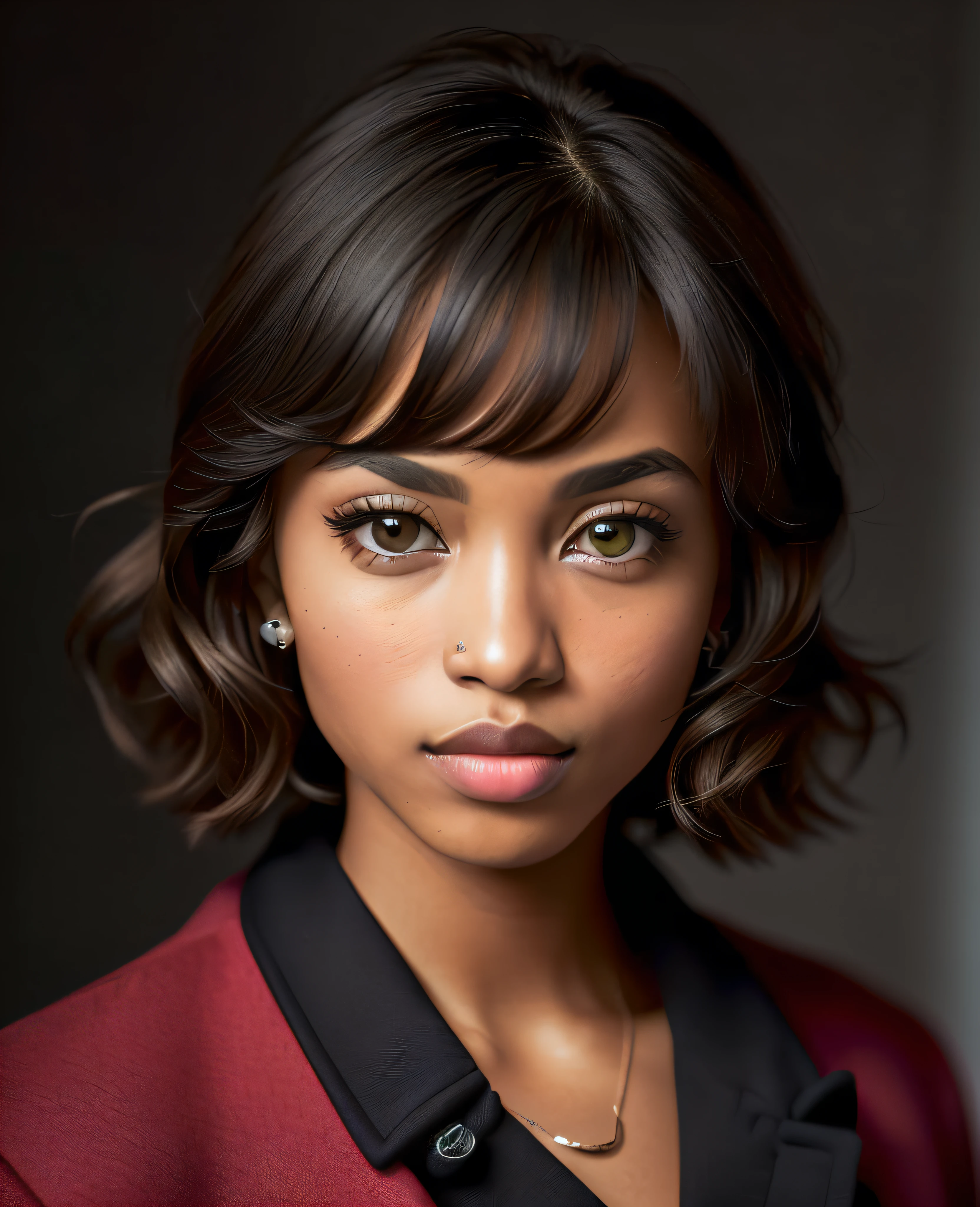 Portrait of a very beautiful black woman. It has a black spot near the upper lip. Hair light brown. Electronic green eyes. Big eyes. Fleshy lips and proportional black colored skin wearing a guava colored lab coat. Hyper-detailed. Photorealist. 8,000. High quality