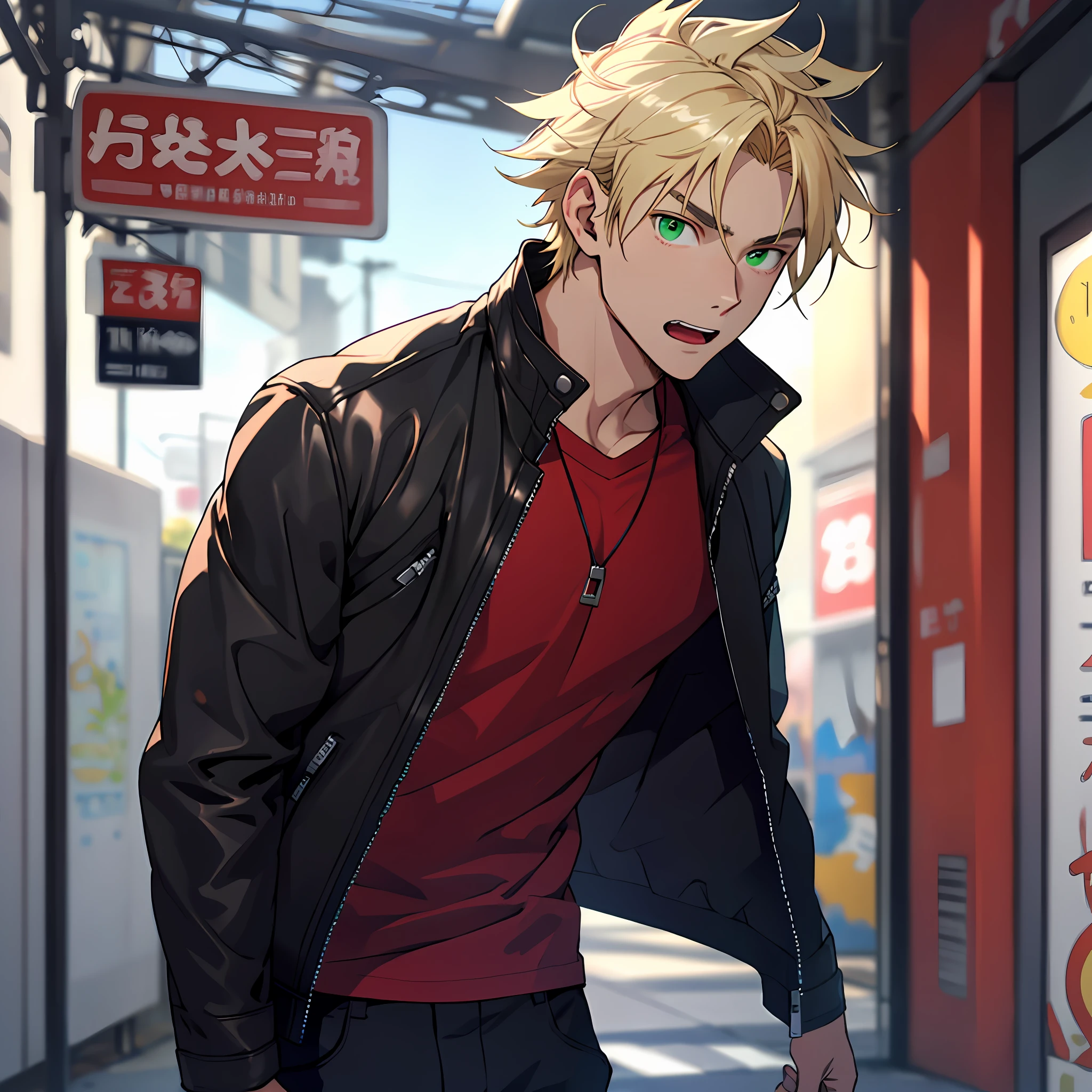 A 20-year-old man, blonde hair, green eyes, wearing a red T-shirt, black leather jacket, anime style, he looks very surprised