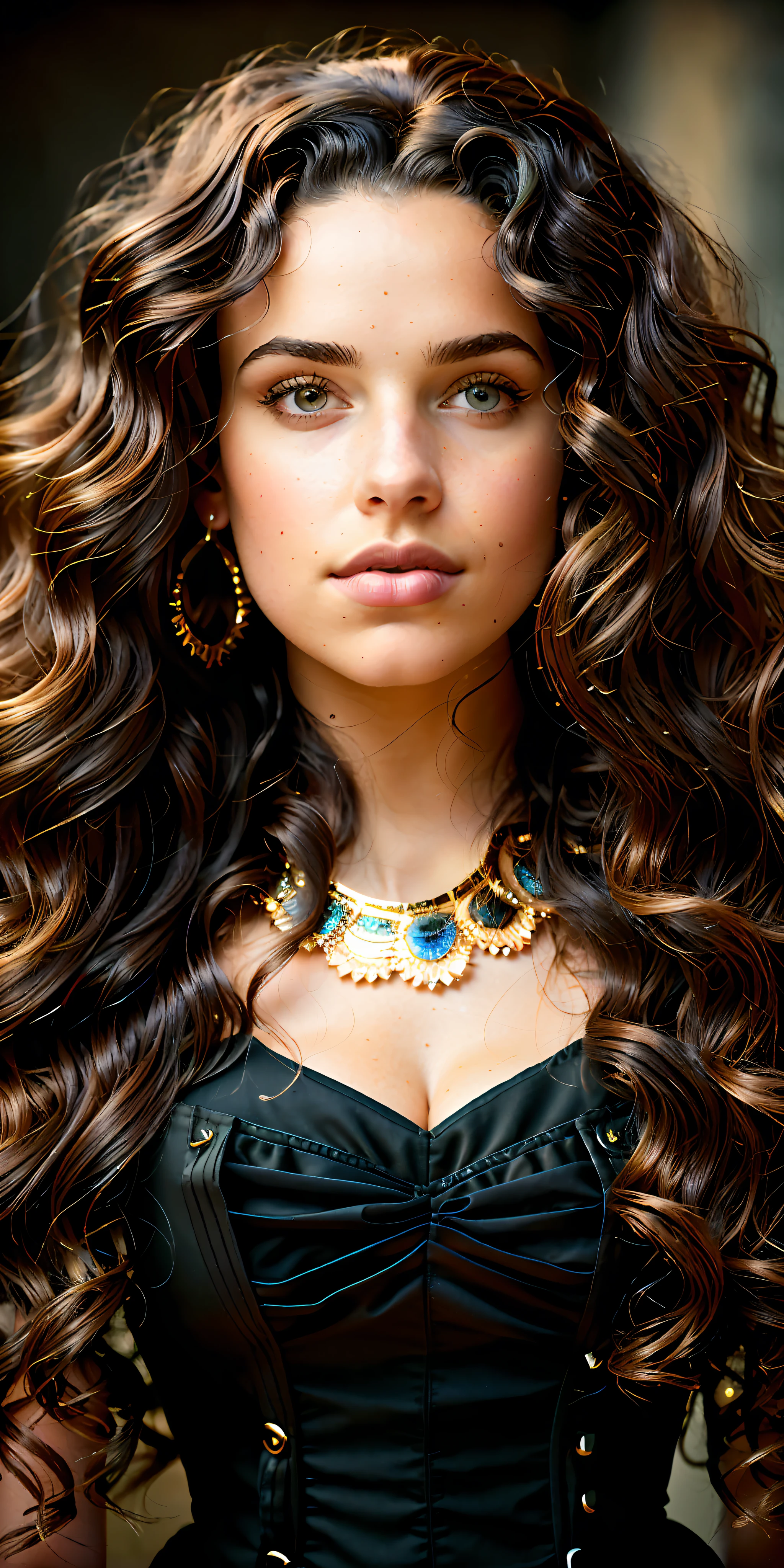 (8k, RAW photo, highest quality), one angelic 21 year old woman with long curly hair and a black background is looking at the camera with a serious look on her face, chubby, (sparkling heterochromia eyes:1.2), (Pretty latino girl, african mixed), (black skin woman)++, Chinwe Chukwuogo-Roy, portrait photography, defined facial features, studio portrait, a portrait, american barbizon school, vsco, age 20, European model, (8k UHD:1.1), (film grain:1.1), (raw photo:1.1), full resolution, highly detailed skin, detailed hair, dslr, sharp focus, high definition, high quality photography, intricate
