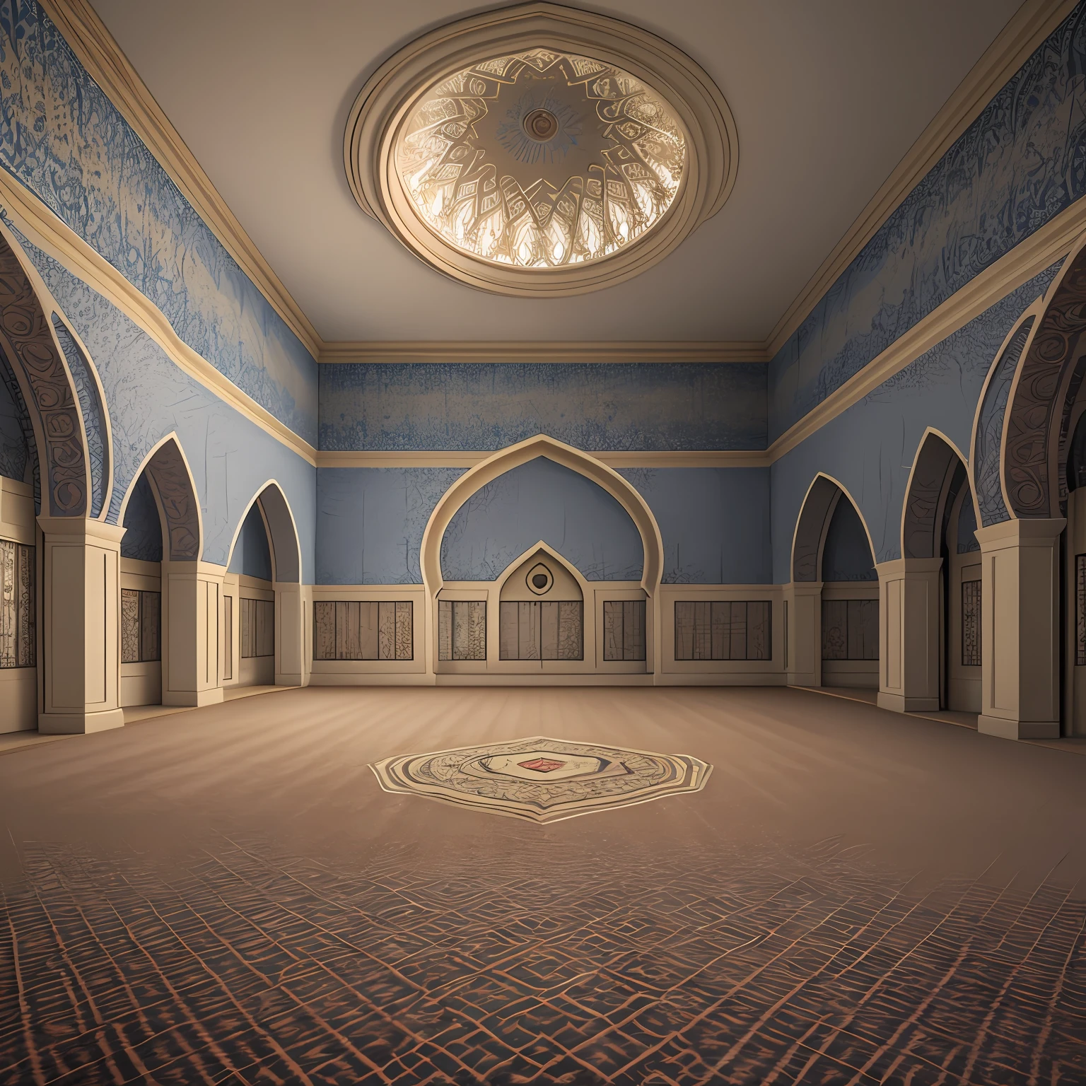 inside of mosque, plain carpet on floor, detailed ceilings, detailed roof, mno writings, high definition, in the style of realistic renderings, 8k, islamic, epic, dramatic, fantastical, hyperrealism, photorealistic, cinematic, Dramatic photo, epic photo --auto