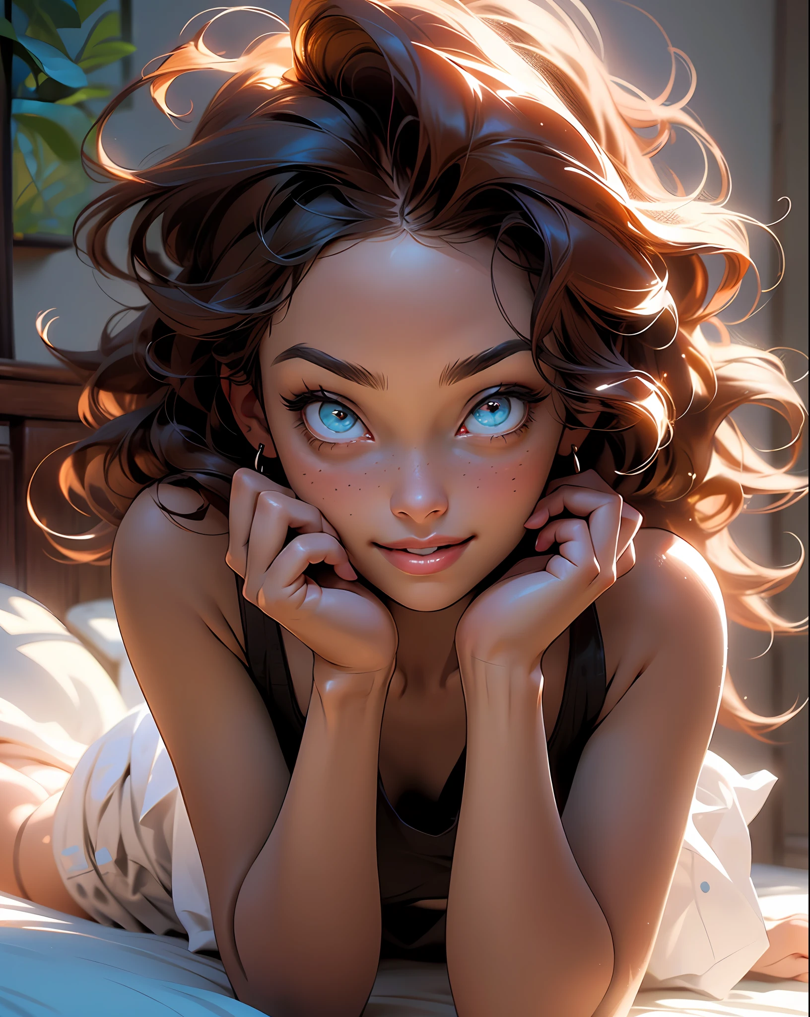 vibrant lighting, quiet, calm, brightness, masterpiece, best quality, 1girl, (ultra photorealistic:1.3), (masterpiece:1.4), best quality, ((realistic)), high quality, ultra detailed, ((real image)), ((realistic skin)), ((realistic face)),(illustration:1.05), (beautiful:1.05), (beautiful detailed eyes:1.2), (perfect eyes:1.2)(cinematic light:1.1), full body, precise proportions, 18-year-old girl, skinny model lying in bed, RED hair fluttering in the wind, tulle, long legs, feet slightly open, , blush, shyness, collarbone, abdominals, beautiful and delicate face, fair skin, real skin, (face detail), pores, super high resolution, 8k, parameters Best quality, masterpiece, super high resolution, (Realistic 2.0), More details, detailed skin, BELLY BUTTON PING, transparent panties, wid, white teeth, hair SHORT CURLY RED voluminous, perfect and well designed eyes, Girlfriend, Beautiful, Beautiful, Flowers, Studio Lighting