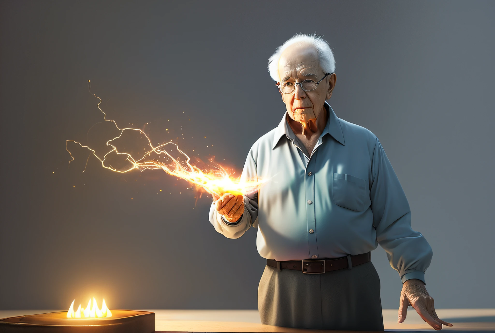 An 80-year-old man, casting a lighting spell with his hands, 3D digital art, detailed realistic image. 8 k .