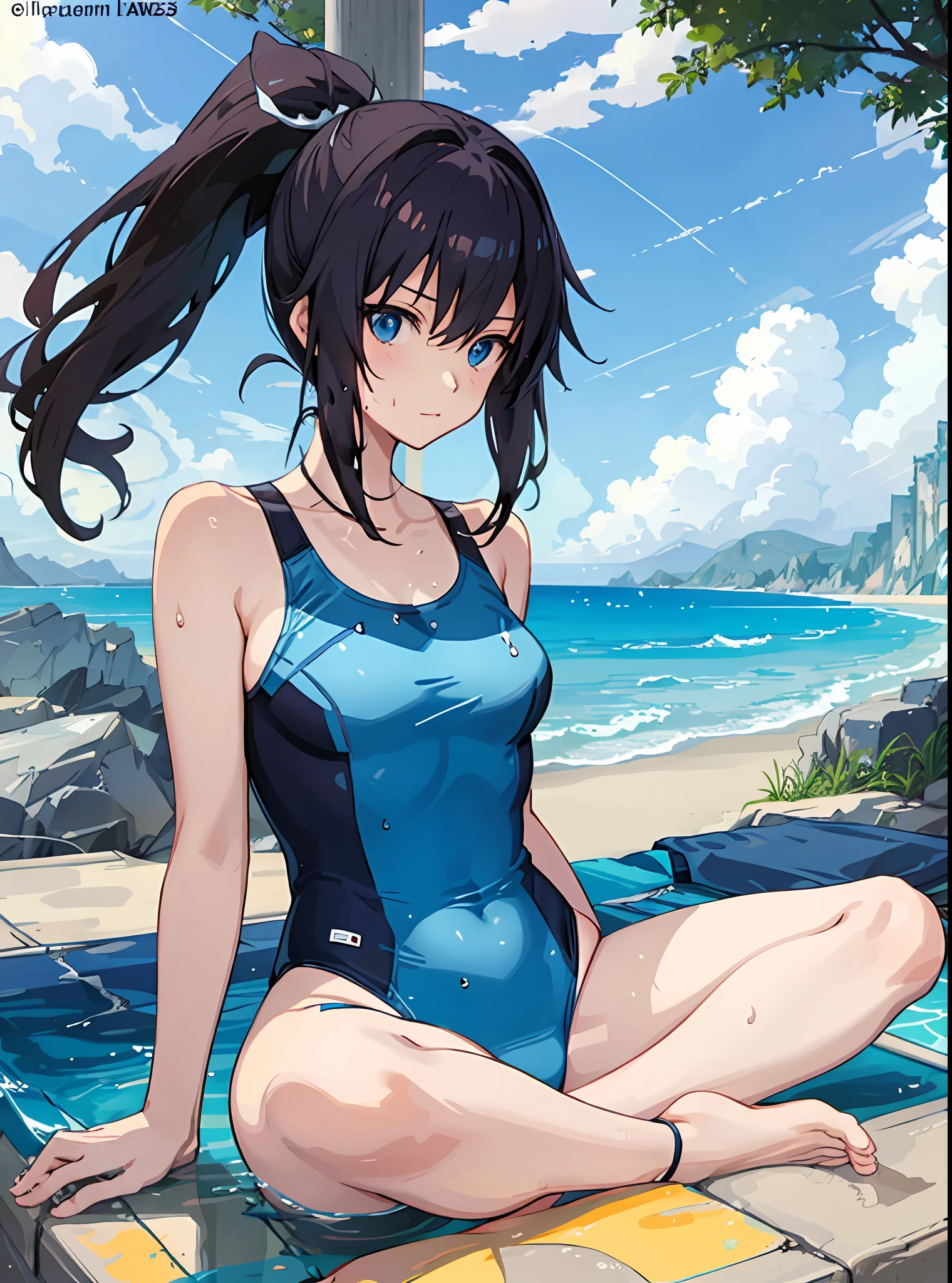 anime girl sitting on the ground with her legs crossed, kantai collection style, is wearing a swimsuit, makoto shinkai and artgerm, swimsuit, cute girl wearing tank suit, attractive anime girl, guweiz, seductive anime girl, beautiful anime girl, wet swimsuit, kawacy, makoto shinkai ( apex legends ), anime style 4 k