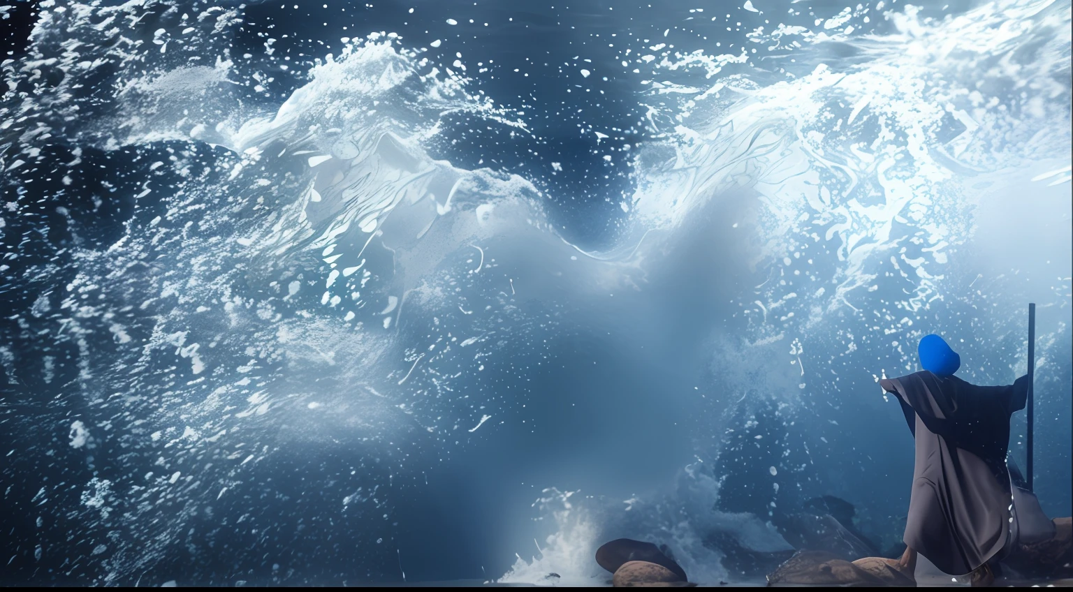 arafed man standing on a rock with a pole in front of a wave, wave of water particles, wall of water either side, water torrent background, amazing depth, water running down the walls, closeup cinematic aquatic scene, incredible depth, turbulent water, waves crashing in the sea, waves and splashes, water particle in front, tube wave, realistic water splashes --auto