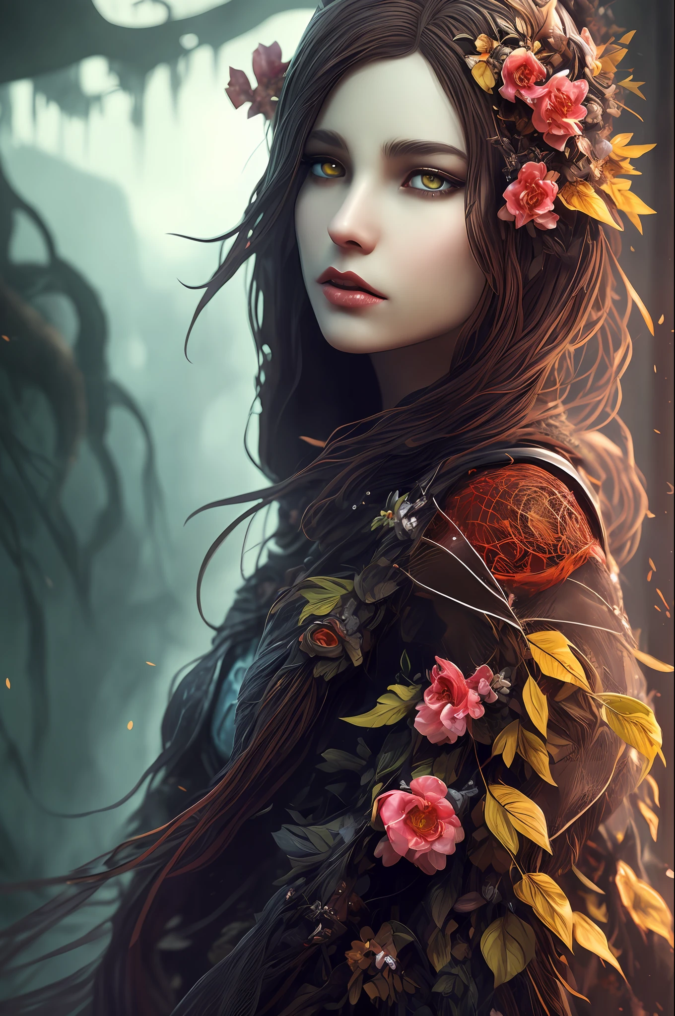 Imagine that the skin of this creature girl looks like it was made of a fishing net, with leaves and flowers growing on her body. Digital Epic Fantasy, Symmetrical Concept Art, Sinister Fantasy Illustration, Symmetrical Epic Fantasy Art, Epic Fantasy Science Fiction Illustration, Epic Fantasy Art Style, Epic Anime Art, Symmetrical Fantasy RPG Portrait, Anton Fadeev and Dan Mumford, (Masterpiece, Top Quality, Best Quality, Official Art, Beauty and Aesthetics: 1.2), Extreme Detail, (Fractal Art: 1.3), Colorful, Most Detailed, Full Body Pose, Cute Surrealist Photo, 8 K, Octane Beautifully Rendered, Very detailed, intricate, epic composition, cinematic lighting, masterpiece, art station trend, very, very detailed, stunning, HDR, smooth, sharp focus, high resolution, award-winning, award-winning photo, DSLR, 5 0 mm