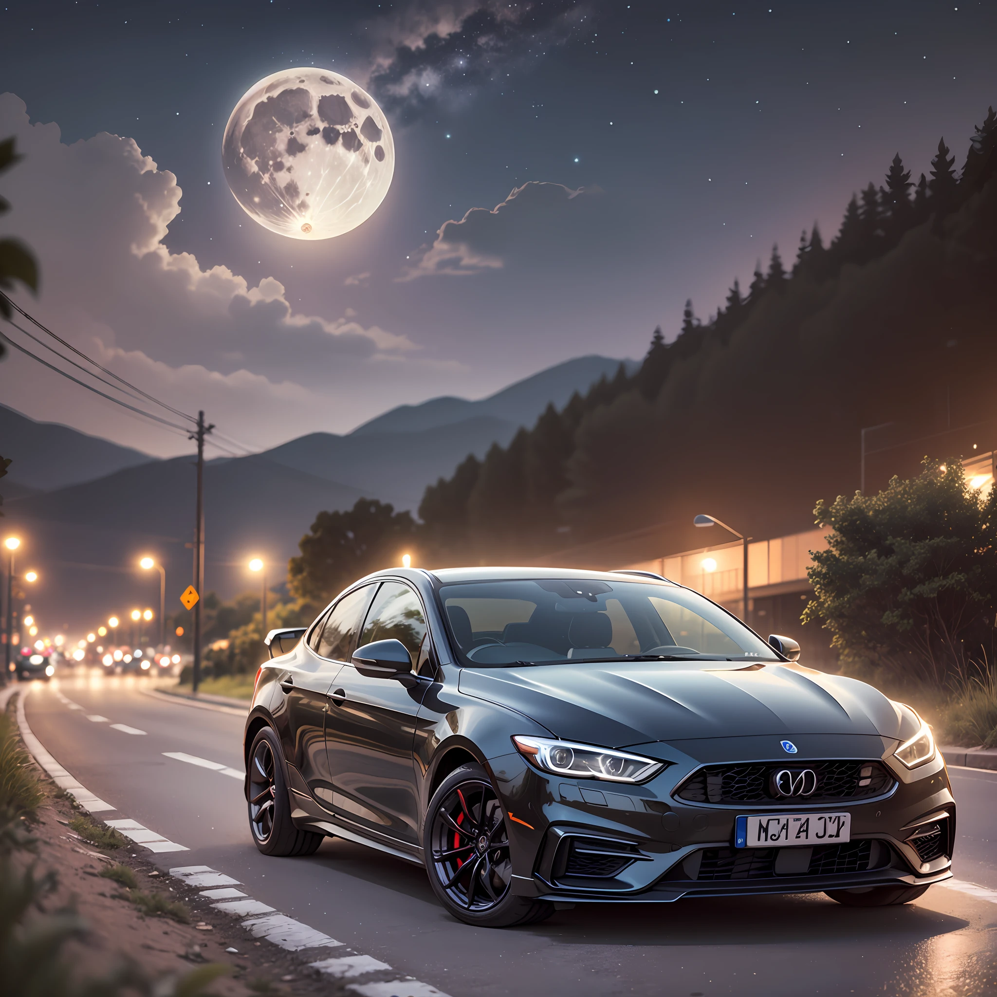Black car on a 4k full moon night --auto --s2