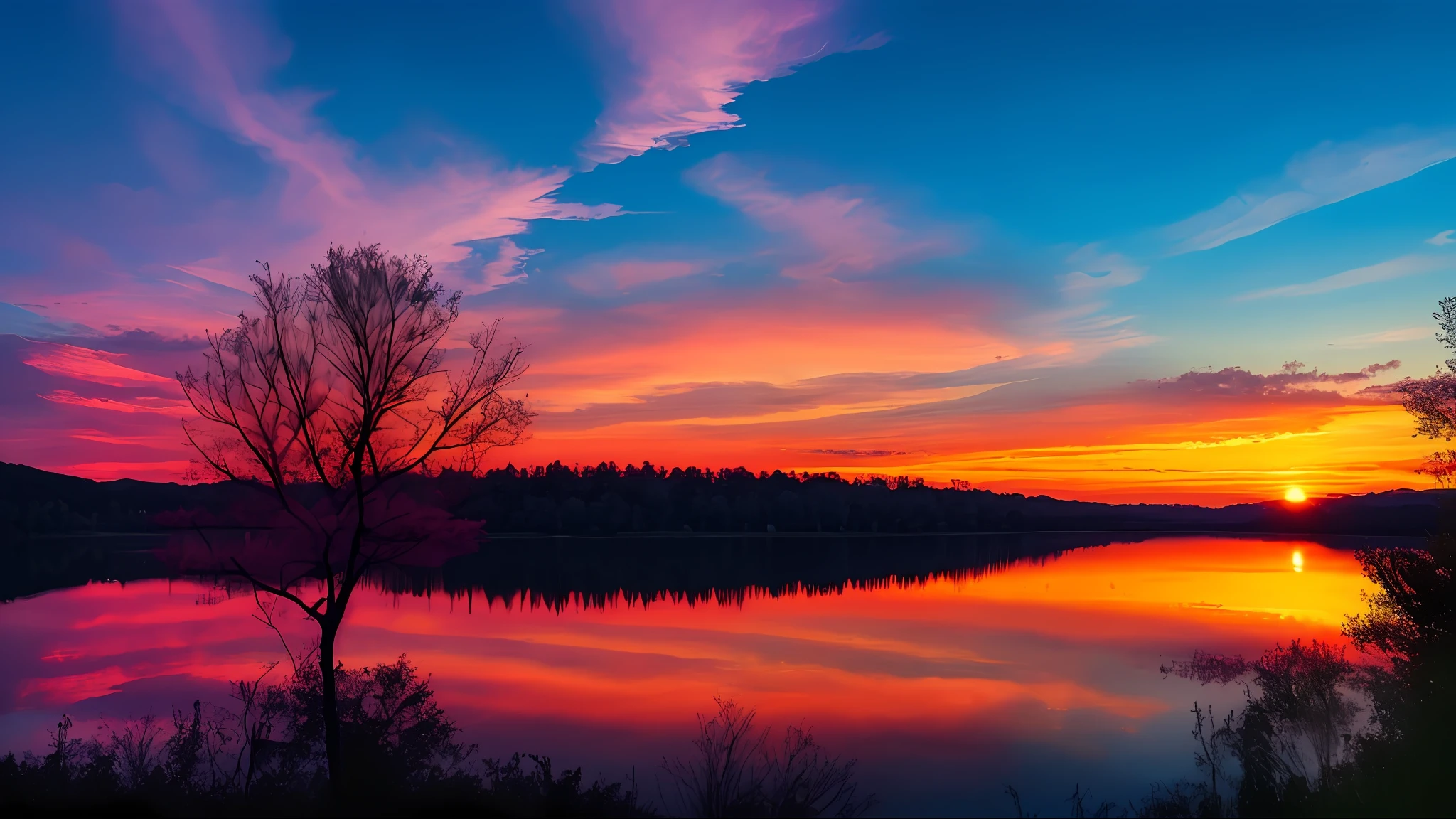 there is a beautiful sunset with a lake and trees in the background, colorful skies, surreal colors, colorful sunset, colorful sky, marvellous reflection of the sky, stunning sky, dream like atmosphere 8k, colorful clouds, colors reflecting on lake, surreal sky, red and blue reflections, fire reflection, beautiful sky, beautiful and spectacular dusk, beautiful dreamy landscape, amazing sky