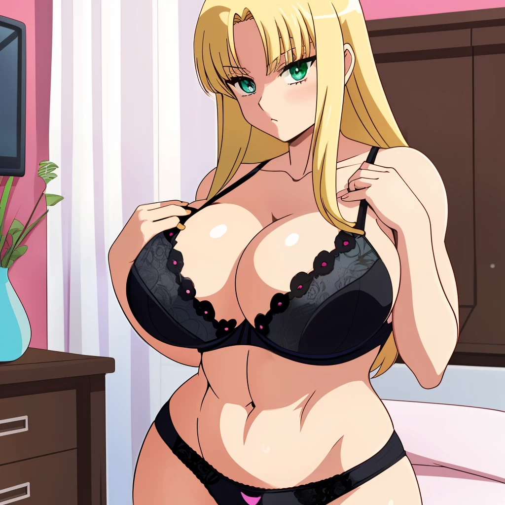 40 year old woman, muscular adult woman, in white panties and bra with black lace, tight panties and bra, sucking ???????, ????????????, oppai proportion, disproportionate ???????, ?????? marking the outfit, long blonde hair, green eyes, in the bedroom, retro anime style, 80's anime, 80's retro anime, vibrant colors and solid shadows