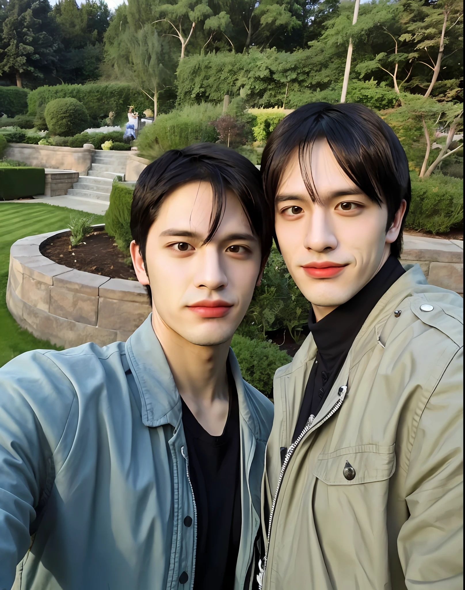 A man and his boyfriend, romantic, close up, garden, selfie