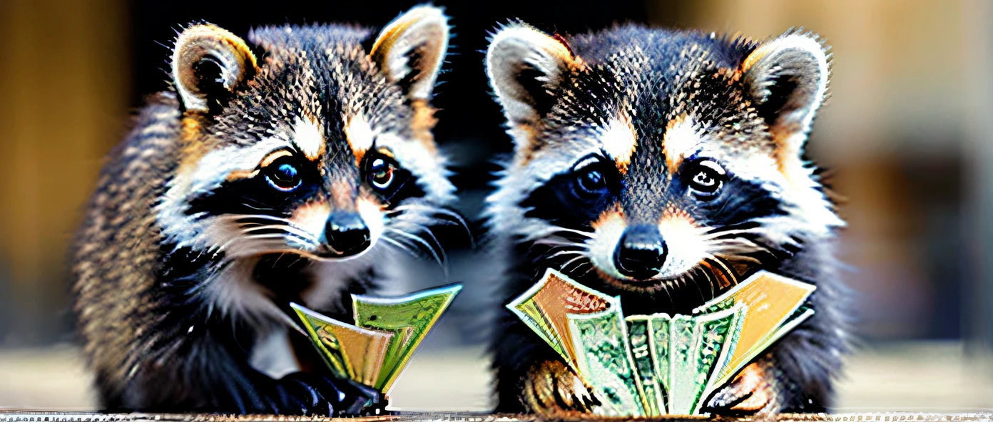 Two little raccoons, one with money in his hand and the other with small bread, shopping, shopping