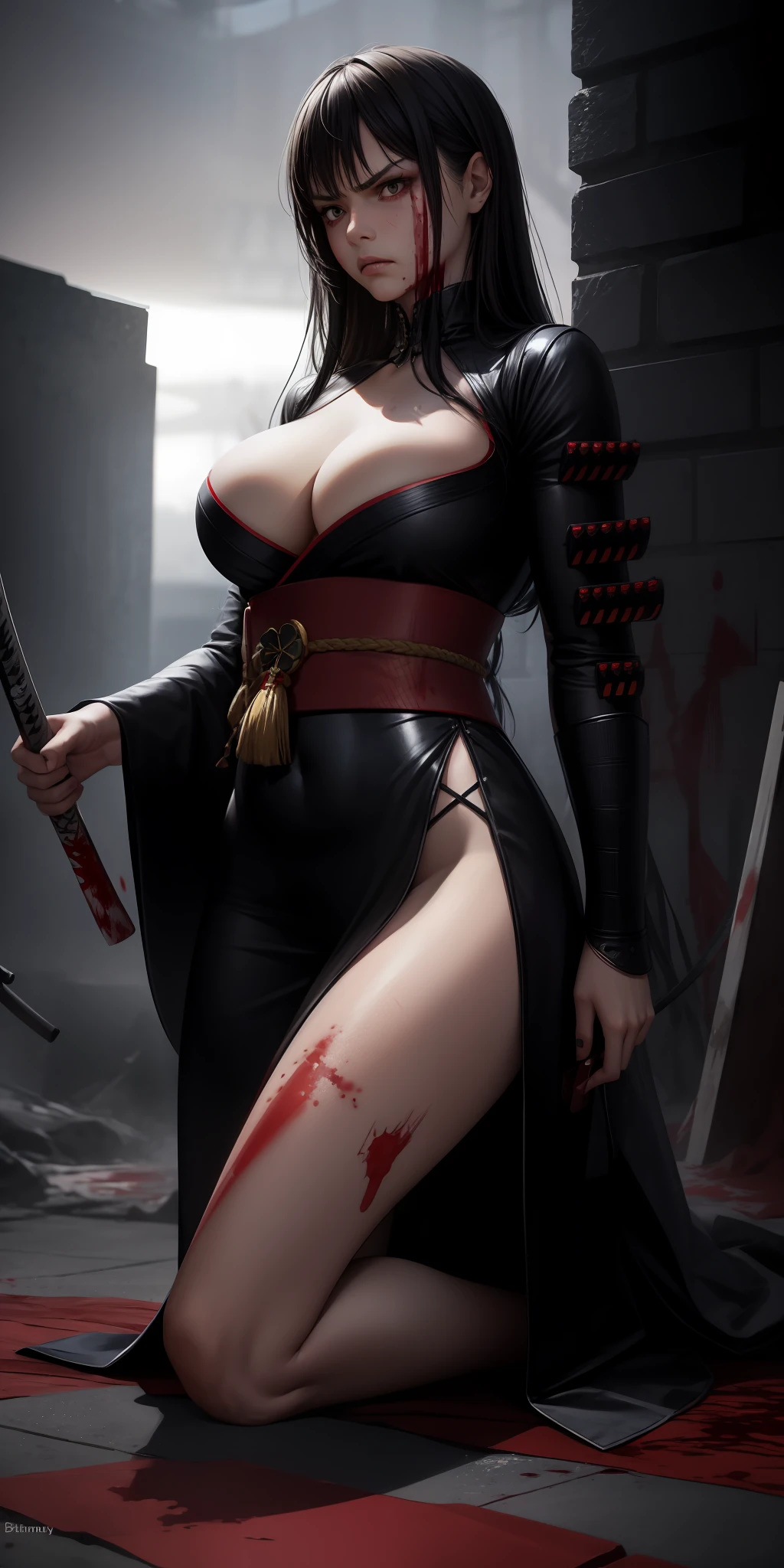 realistic, 1girl, black hair, long hair, serious look, samurai, dress, blood on face, blood, scar, wounds, angry look, kneeling, betrayal, fight, war, big breasts,