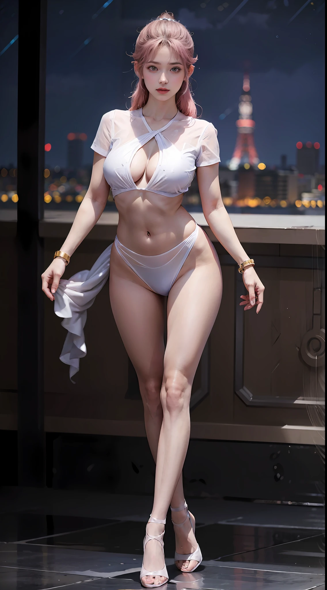pale skin naked maam, pink hair, masterpiece, best quality, ultra detailed RAW, high-resolution, ultra realistic, 16K, intricate details, full body, cinematic lighting, portrait, bokeh, (real skin, high detailed skin texture, abs, saggy boobs, slim body, skinny body), (one large moon, reflection, night view, tokyo tower), wearing sheer white mini dress with holes, open toe transparent high heels, beautiful legs, ballet pose, no underwear