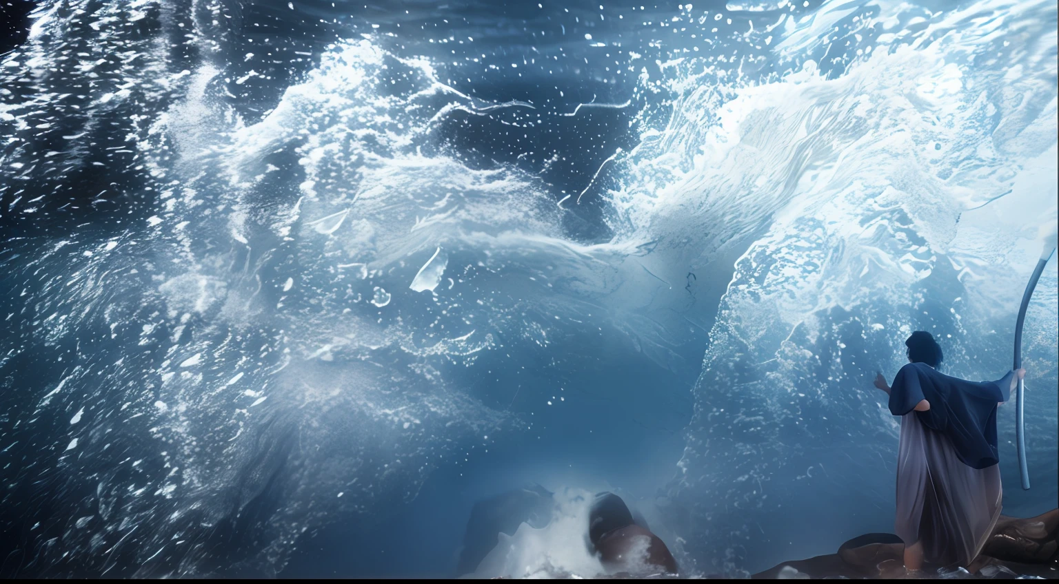 arafed man standing on a rock with a pole in front of a wave, wave of water particles, wall of water either side, water torrent background, amazing depth, water running down the walls, closeup cinematic aquatic scene, incredible depth, turbulent water, waves crashing in the sea, waves and splashes, water particle in front, tube wave, realistic water splashes --auto