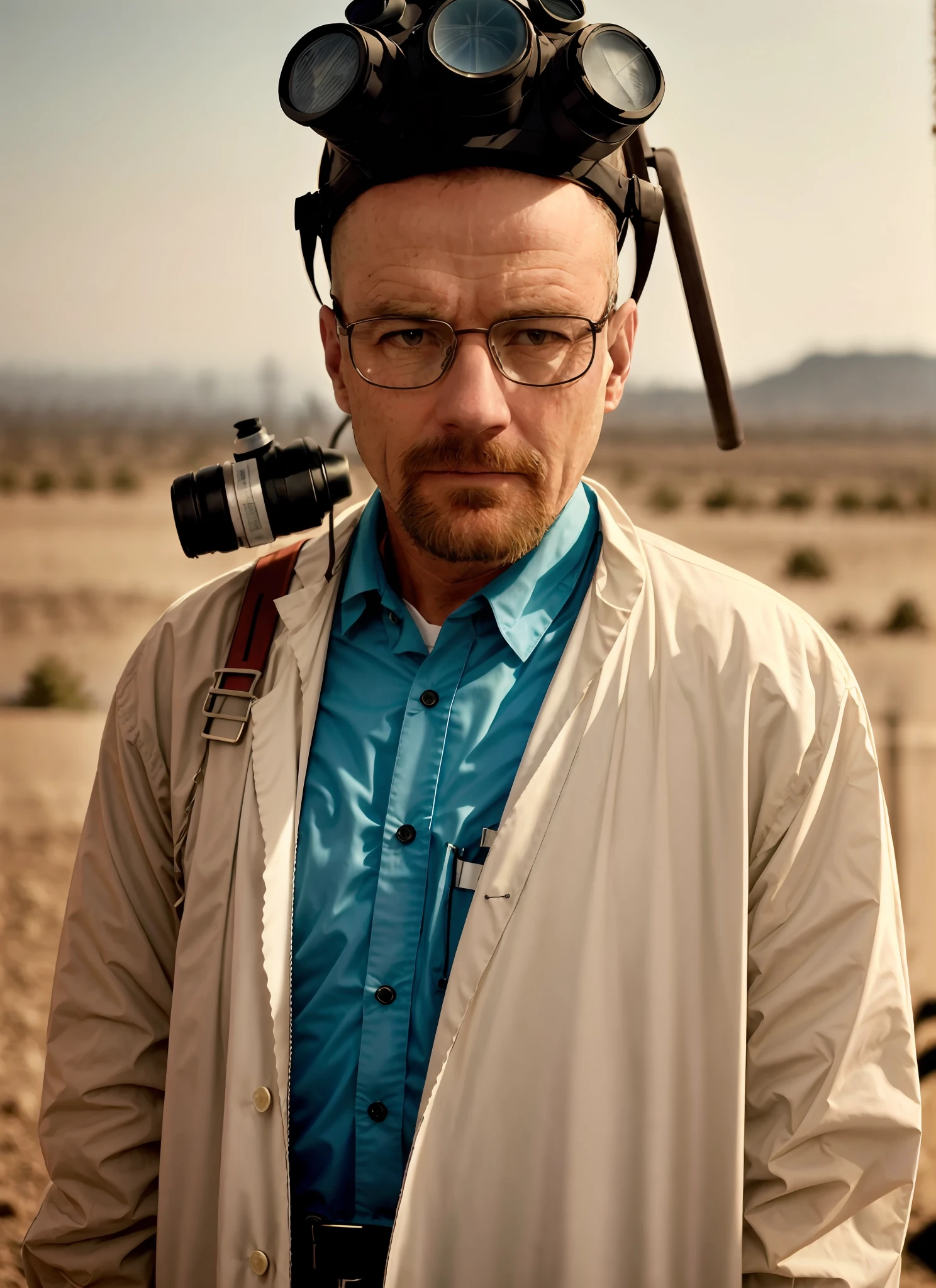 A striking and complex color photo of the upper body of a man wearing glasses (wearing a lab coat and a gas mask on his head), bald, epic character composition, wlater white, by ilya kuvshinov, alessio albi, nina masic, sharp focus, natural lighting, subsurface scattering, f2, 35mm, film grain