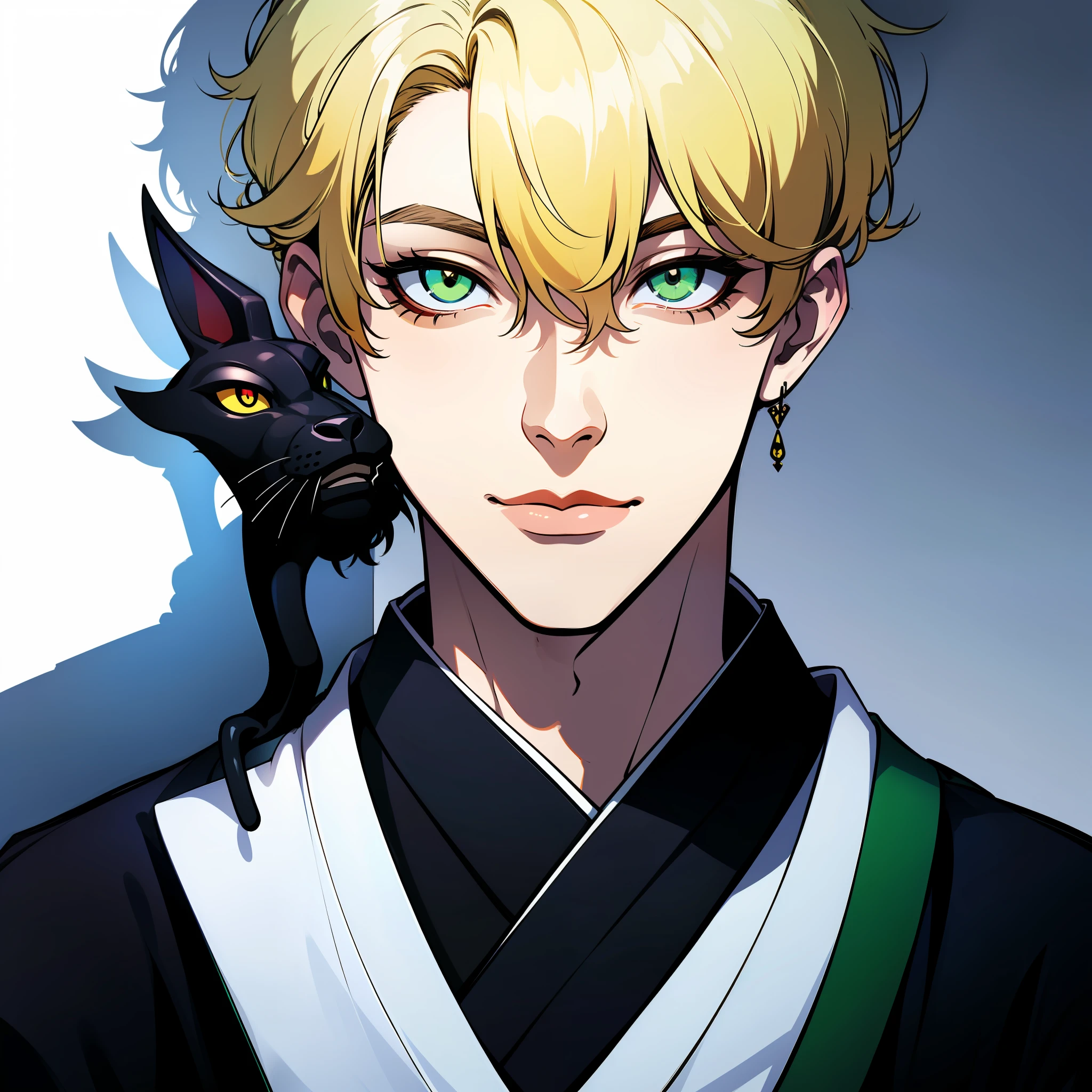 (Chat noir) (((1boy))), ((toned)), male focus, masterpiece, high quality, (masterpiece:1.2), (best quality:1.2), shiny, realistic, ornate, intricate skin, black cat ears, ((yellow hair)), (short hair), green eyes, mask _on_face, bangs, hair between eyes, hair_stick, cat_boy, japanese_clothes, jewelry, soil, pointy_ears, hair_bun, hair_ornament, hair_pin, holding_fan, paper_fan, elegant, looking_at_viewer, holding_fan, red_eyeliner, FH, crazy eyes, constricted pupils, dynamic pose, (shadows cast over face:1.3), dark room, shadow room, sexy smile, (upper body)
