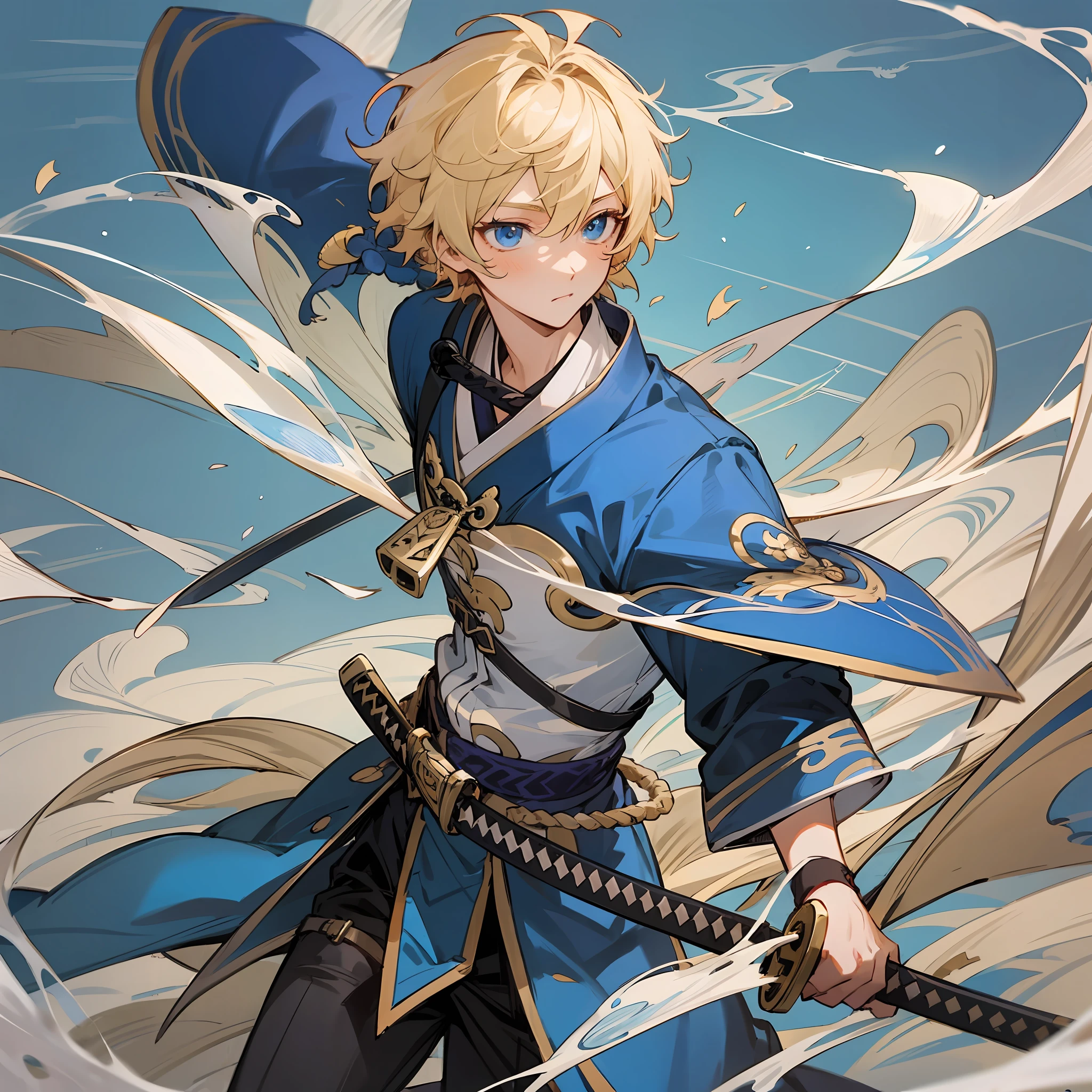 A boy, blond hair, blue lock, blue eyes, thin, blue traditional Japanese dress, with a katana, short hair, between a wind current, anime style, 2d, genshin impact style, anemo, high quality, manga