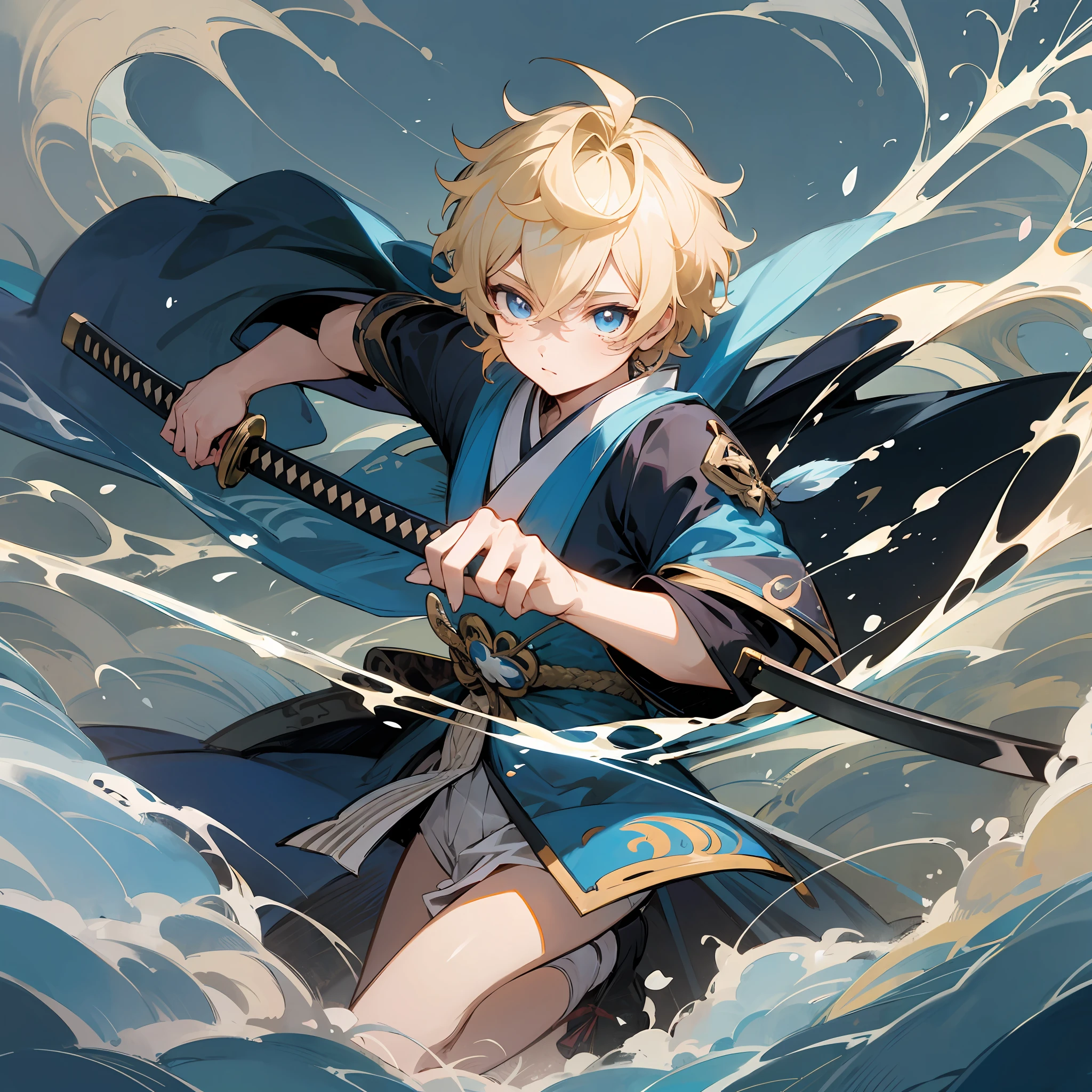 A boy, blond hair, blue lock, blue eyes, thin, blue traditional Japanese dress, with a katana, short hair, between a wind current, anime style, 2d, genshin impact style, anemo, high quality, manga