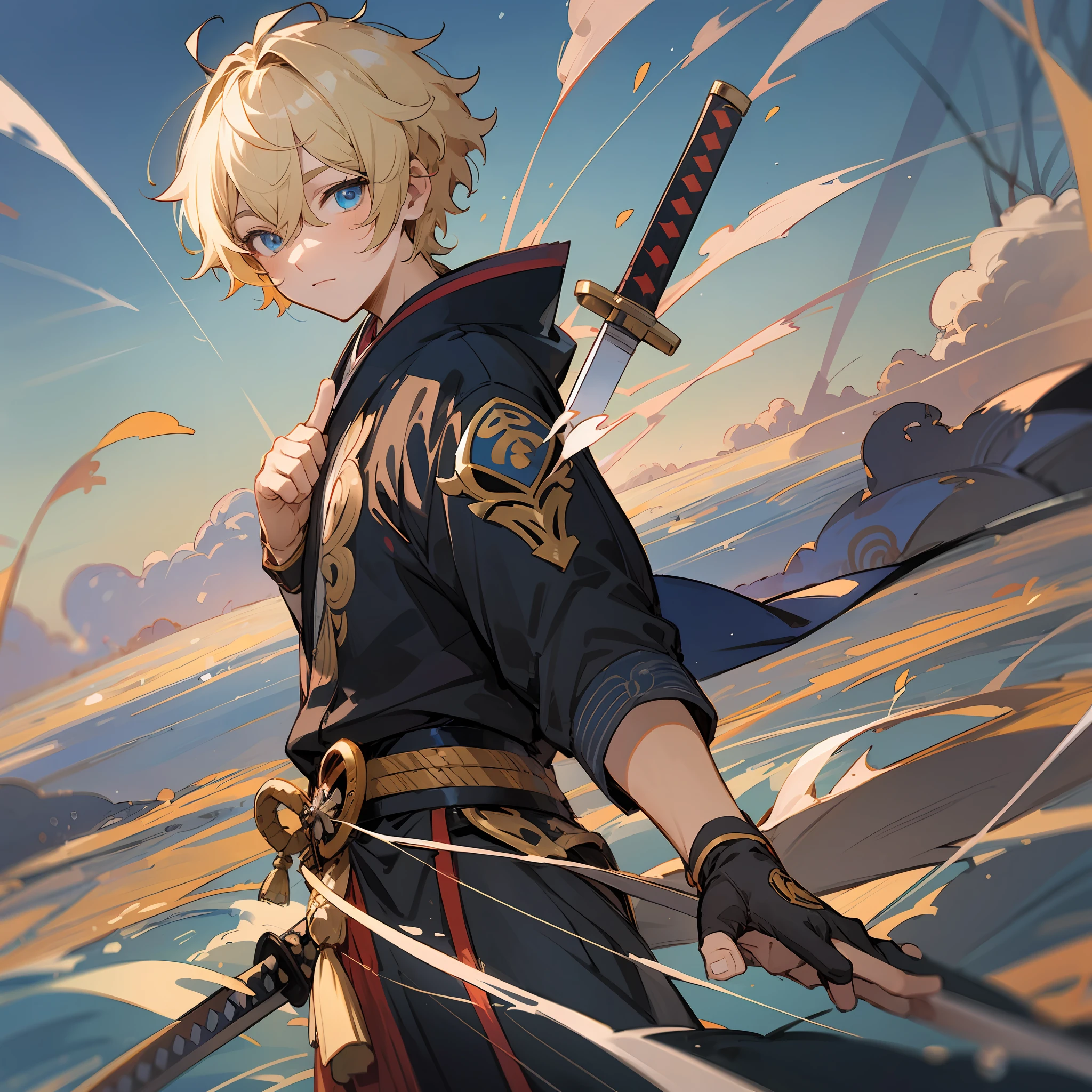 A boy, blond hair, blue lock, blue eyes, thin, blue traditional Japanese dress, with a katana, short hair, between a wind current, anime style, 2d, genshin impact style, anemo, high quality, manga