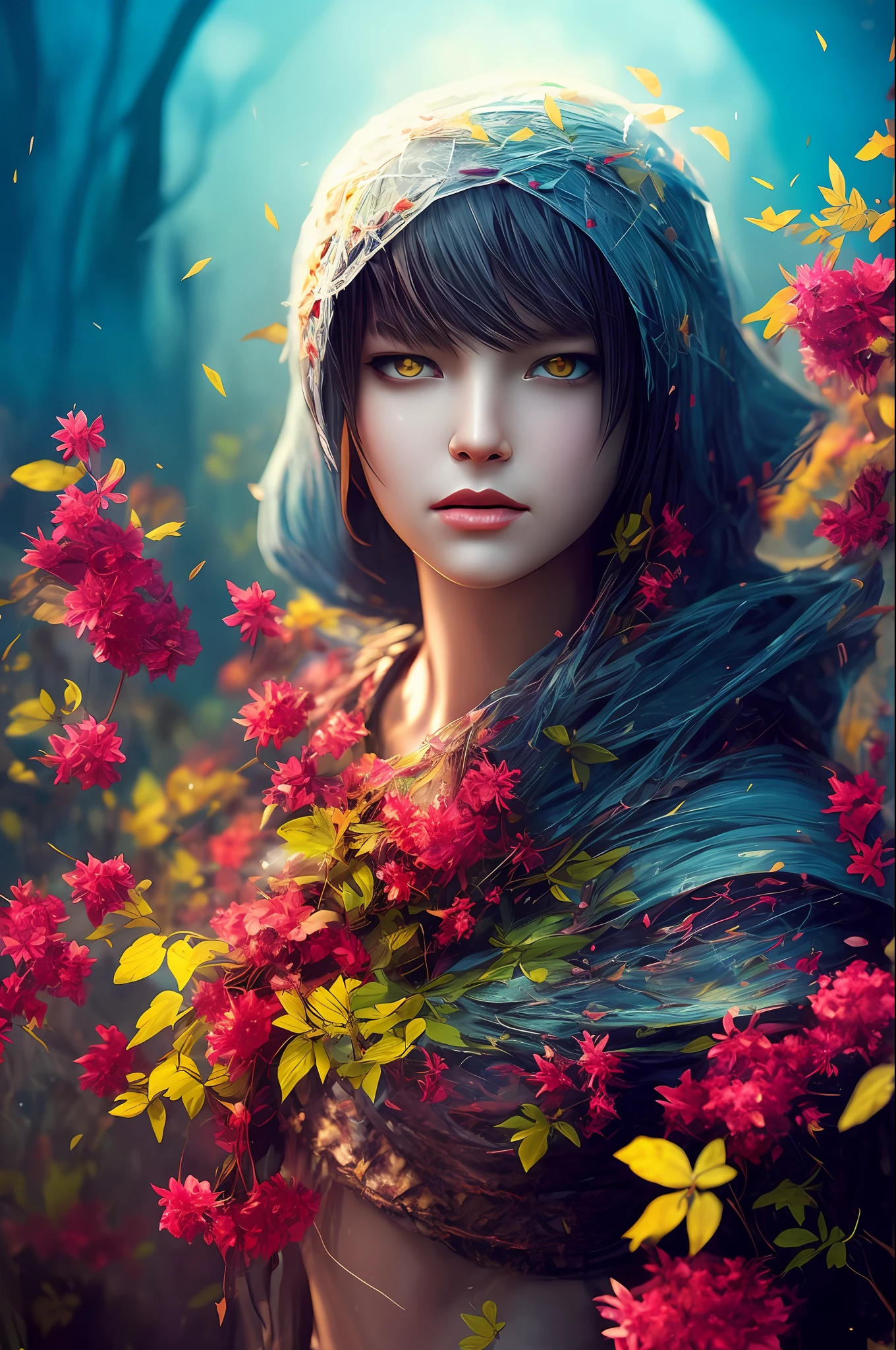 Imagine that the skin of this creature girl looks like it was made of a fishing net, with leaves and flowers growing on her body. Digital Epic Fantasy, Symmetrical Concept Art, Sinister Fantasy Illustration, Symmetrical Epic Fantasy Art, Epic Fantasy Science Fiction Illustration, Epic Fantasy Art Style, Epic Anime Art, Symmetrical Fantasy RPG Portrait, Anton Fadeev and Dan Mumford, (Masterpiece, Top Quality, Best Quality, Official Art, Beauty and Aesthetics: 1.2), Extreme Detail, (Fractal Art: 1.3), Colorful, Most Detailed, Full Body Pose, Cute Surrealist Photo, 8 K, Octane Beautifully Rendered, Very detailed, intricate, epic composition, cinematic lighting, masterpiece, art station trend, very, very detailed, stunning, HDR, smooth, sharp focus, high resolution, award-winning, award-winning photo, DSLR, 5 0 mm