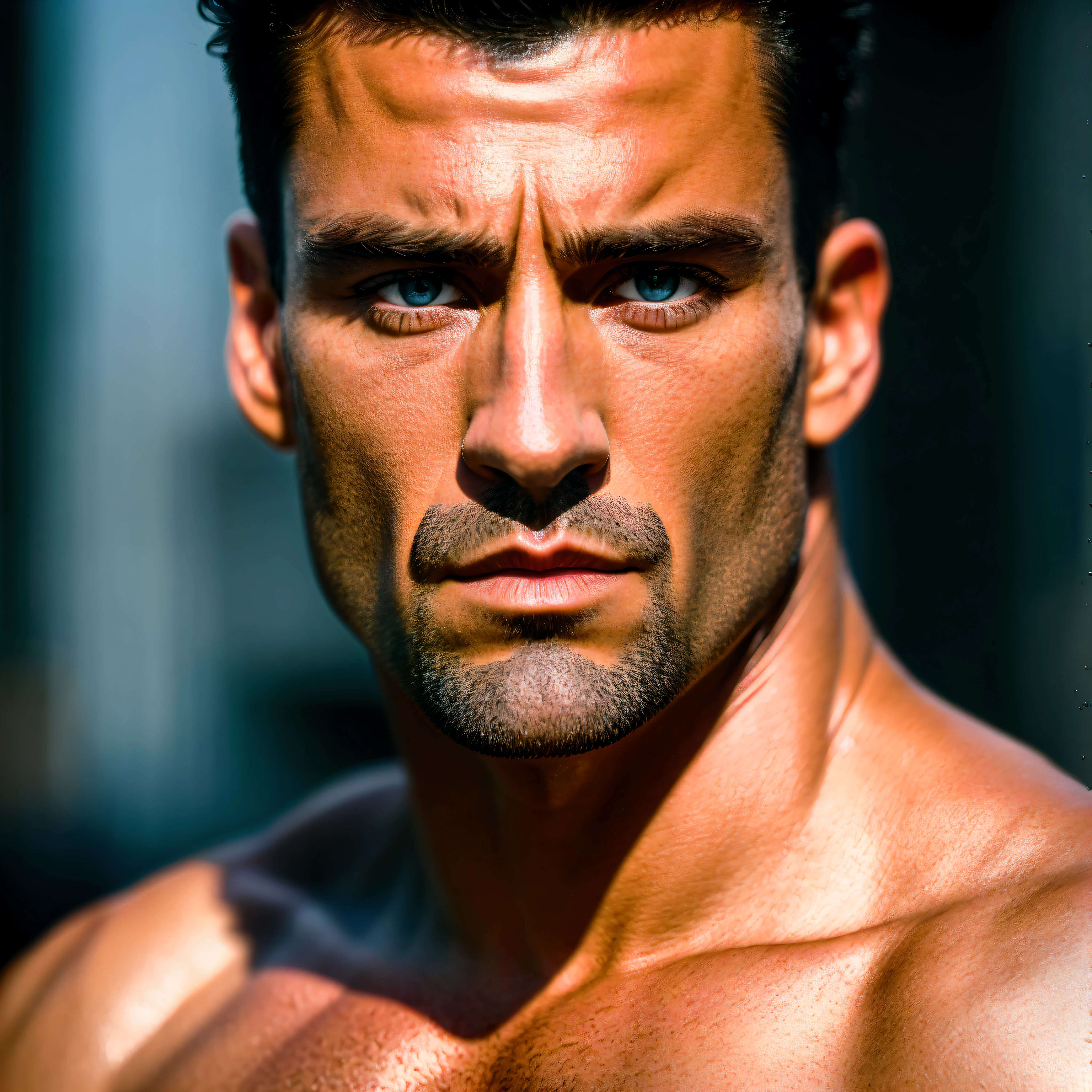 Masterpiece, 4k, award winning photo, extremely detailed, amazing, fine detail, absurdres, highly detailed man,toughboy, extremely detailed dark eyes and face, masculine, piercing eyes, by lee jeffries nikon d850 film stock photograph 4 kodak portra 400 camera f1.6 lens rich colors hyper realistic lifelike texture dramatic lighting unrealengine trending on artstation cinestill 800 tungsten, toughboy style, face ultra focus, intimidating, in a fighting position, short hair, muscular, veins popping, bead