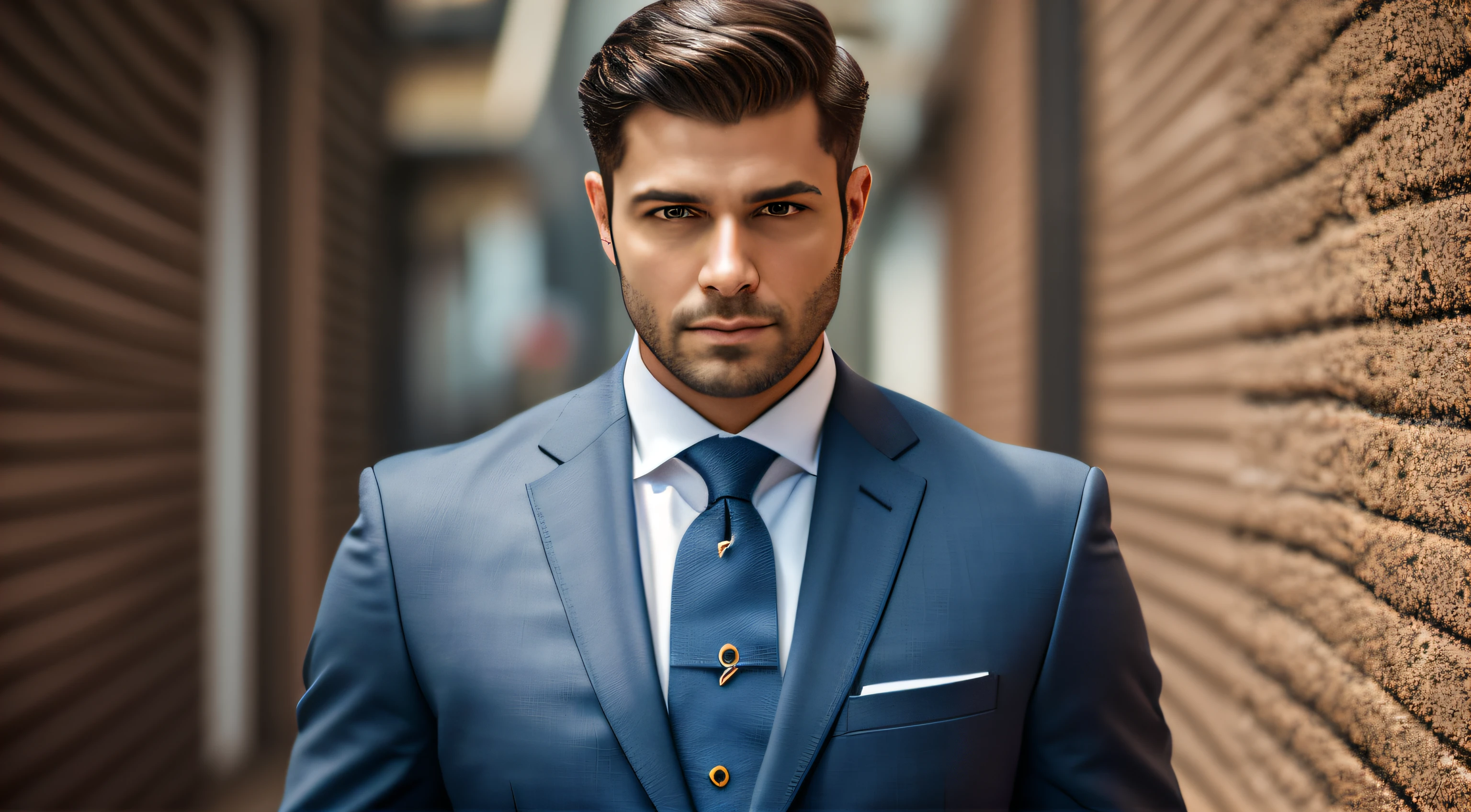 a Man standing with 30 years in suit and tie, Brazilian, muscular, body and head straight in the photo, facing the viewer of the photo, eyes fixed to the lens, appears shoulders and head in the photo, man centered in the photo, 8k, best quality, masterpiece, realistic, realistic photo, movie photo, ultra realistic, 1 person, detailed, perfect lighting, DSRL, professional photo, 4k --auto --s2