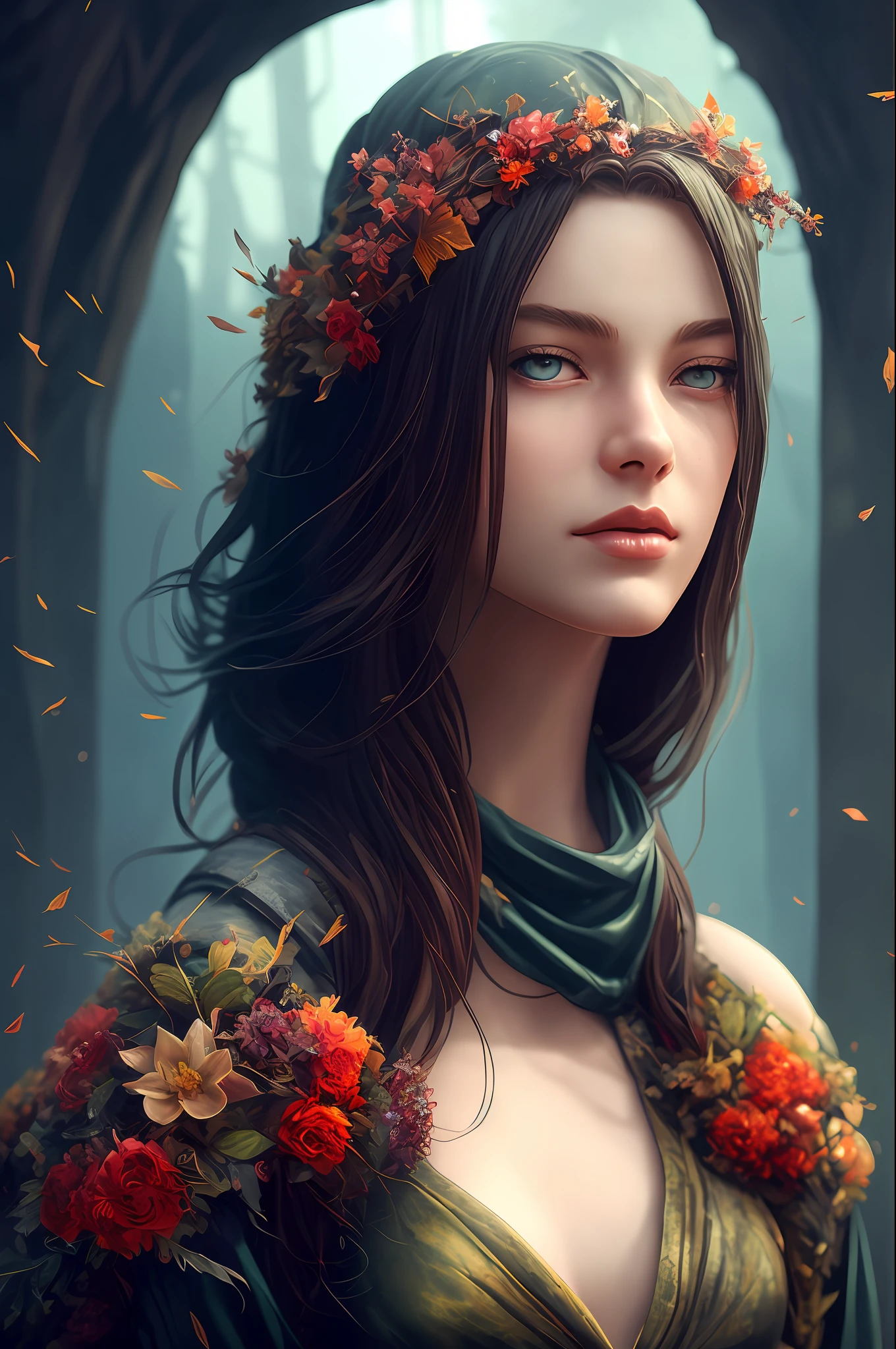 Imagine that the skin of this creature girl looks like it was made of a fishing net, with leaves and flowers growing on her body. Digital Epic Fantasy, Symmetrical Concept Art, Sinister Fantasy Illustration, Symmetrical Epic Fantasy Art, Epic Fantasy Science Fiction Illustration, Epic Fantasy Art Style, Epic Anime Art, Symmetrical Fantasy RPG Portrait, Anton Fadeev and Dan Mumford, (Masterpiece, Top Quality, Best Quality, Official Art, Beauty and Aesthetics: 1.2), Extreme Detail, (Fractal Art: 1.3), Colorful, Most Detailed, Full Body Pose, Cute Surrealist Photo, 8 K, Octane Beautifully Rendered, Very detailed, intricate, epic composition, cinematic lighting, masterpiece, art station trend, very, very detailed, stunning, HDR, smooth, sharp focus, high resolution, award-winning, award-winning photo, DSLR, 5 0 mm