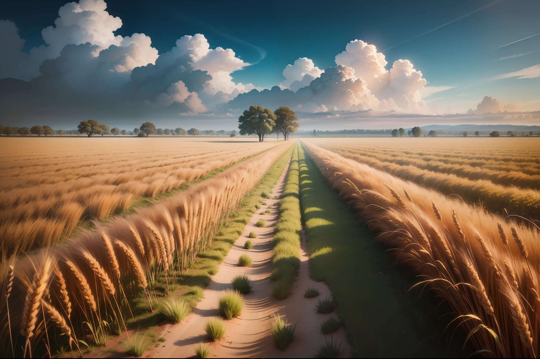 professional long-distance scenic photography of {wheat plantation}, perfect point of view, highly detailed, wide-angle lens, hyper realistic, with dramatic sky, polarizing filter, natural lighting, vivid colors, all in sharp focus, HDR, UHD, 16K