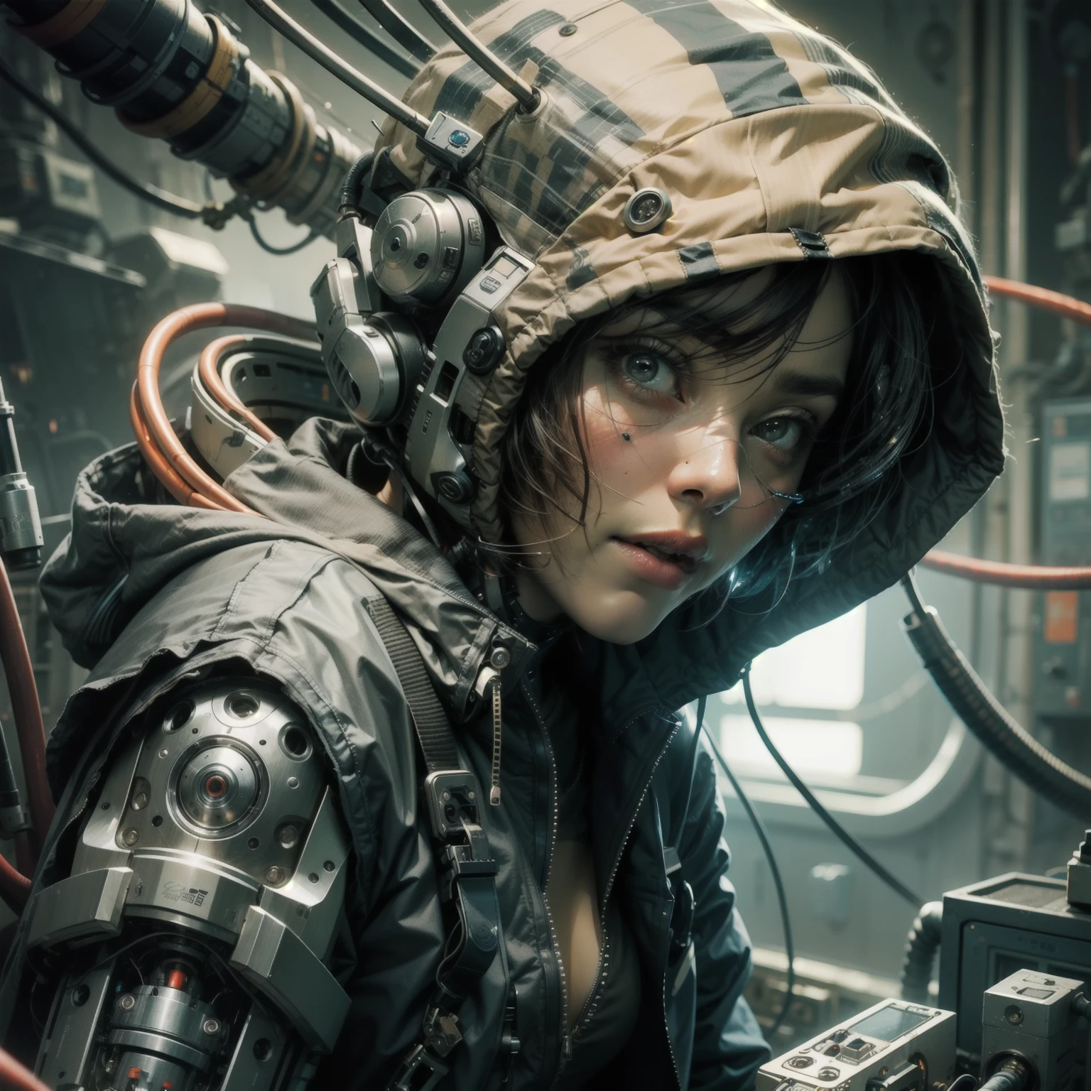1cybernetic skull with cables,wires,mechanical parts with hooded techwear jacket,facing the camera,ultra sharp