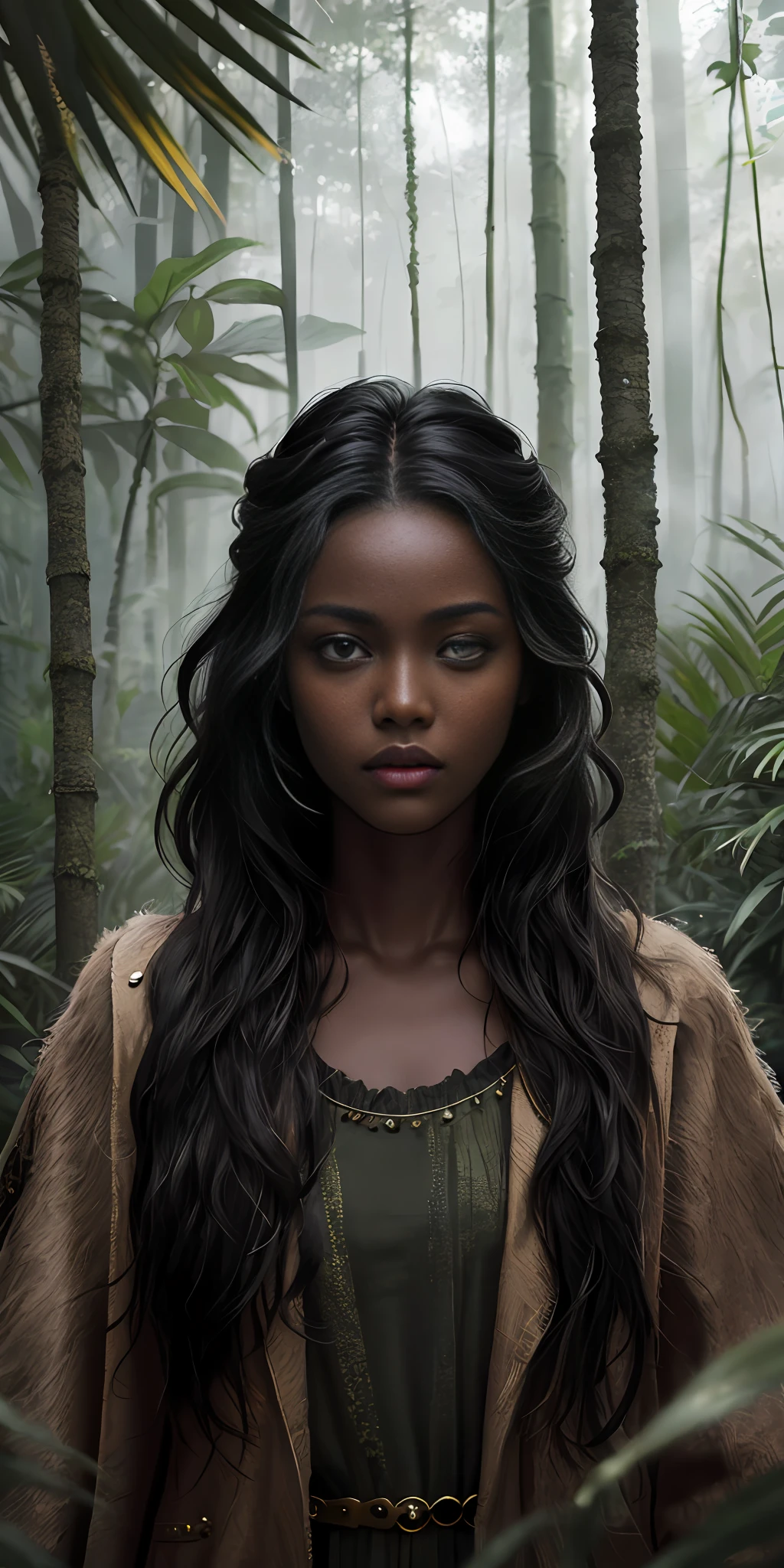 Jodie Turner Smith, black skin, dread long hair, (1girl:1.3), Solo, (((Very detailed face)))), ((Very detailed eyes and face)))), Beautiful detail eyes, Body parts__, Official art, Unified 8k wallpaper, Super detailed, beautiful and beautiful, beautiful, masterpiece, best quality, original, masterpiece, super fine photo, best quality, super high resolution, realistic realism, sunlight, full body portrait, amazing beauty, dynamic pose, delicate face, vibrant eyes, (from the front), She wears Clothes in the style of biblical movies about Noah:2.1 neanderthal suit, prehistoric customization :2.0 color scheme, folhas, very detailed jungle background, forest, overlooking the jungle, detailed face, detailed complex busy background, messy, gorgeous, milky black, highly detailed skin, realistic skin details, visible pores, clear focus, volumetric fog, 8k uhd, DSLR, high quality, film grain, fair skin, photo realism, lomography, old-fashioned dystopian jungle, translucent