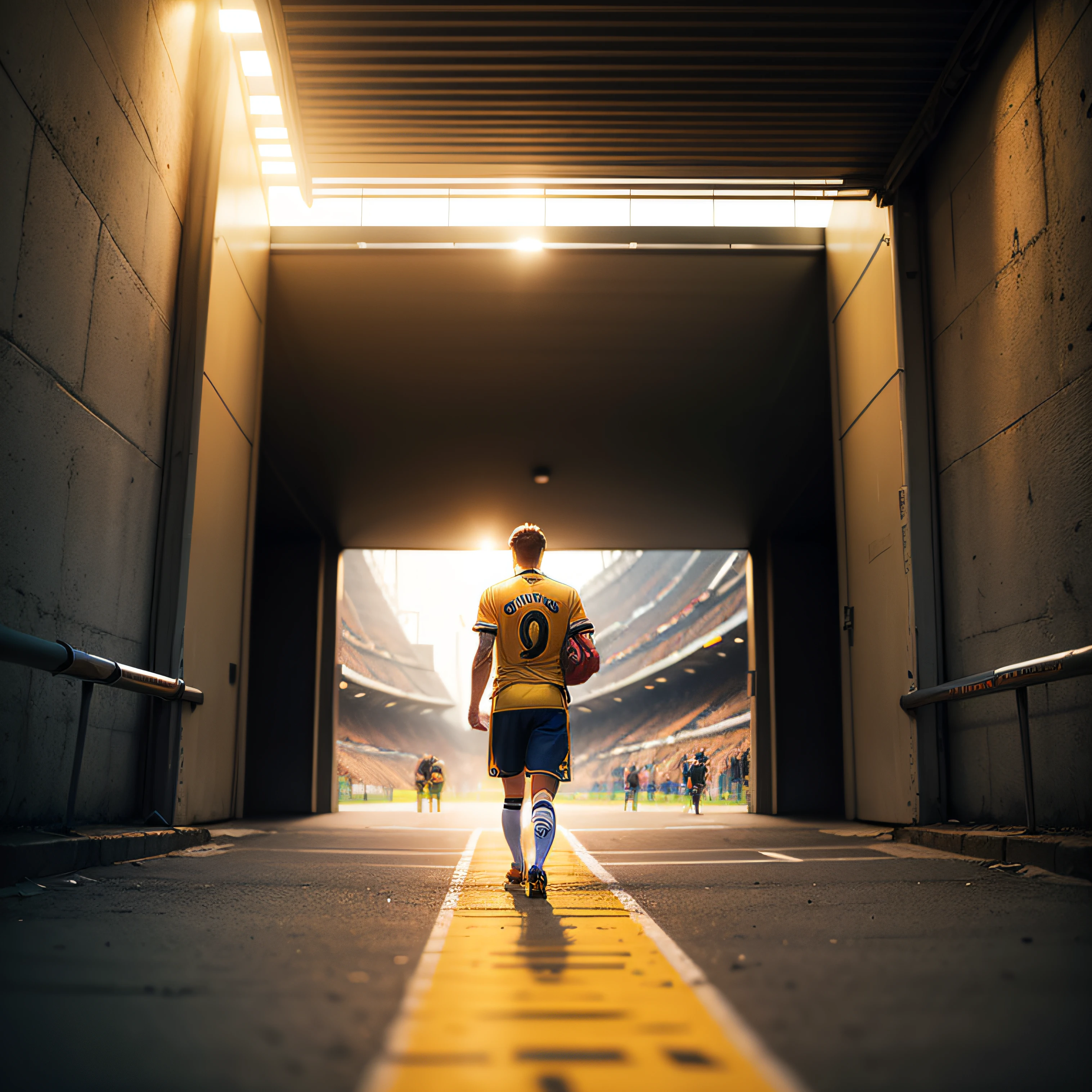 player leaving the tunnel, entering the stadium, from the back, realistic, yellow light --auto