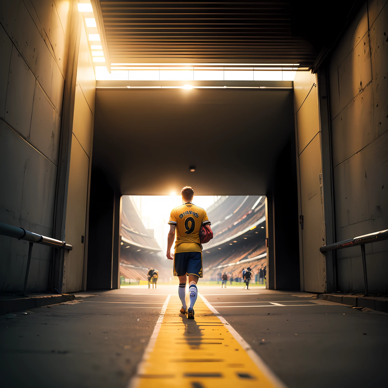 player leaving the tunnel, entering the stadium, from the back, realistic, yellow light --auto