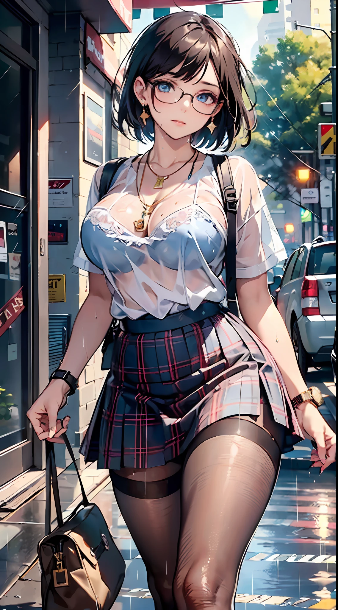 Ultra realistic 8K CG, perfect face, perfect, clean, masterpiece, professional artwork, famous artwork, beautiful face, beautiful eyes, beautiful breasts, slender body, beautiful legs, lady, 18 years old, rimless glasses, short hair, earrings, necklace, watch, school uniform, t-shirt sheer, braless, plaid skirt, pantyhose, headband, high heels, alluring appearance, extremely detailed_eyes, beautiful and detailed background, depth of field, BDSM, skin dents, full body, sweating, walking, summer outside, rain, wet hair, golden ratio, ventilation