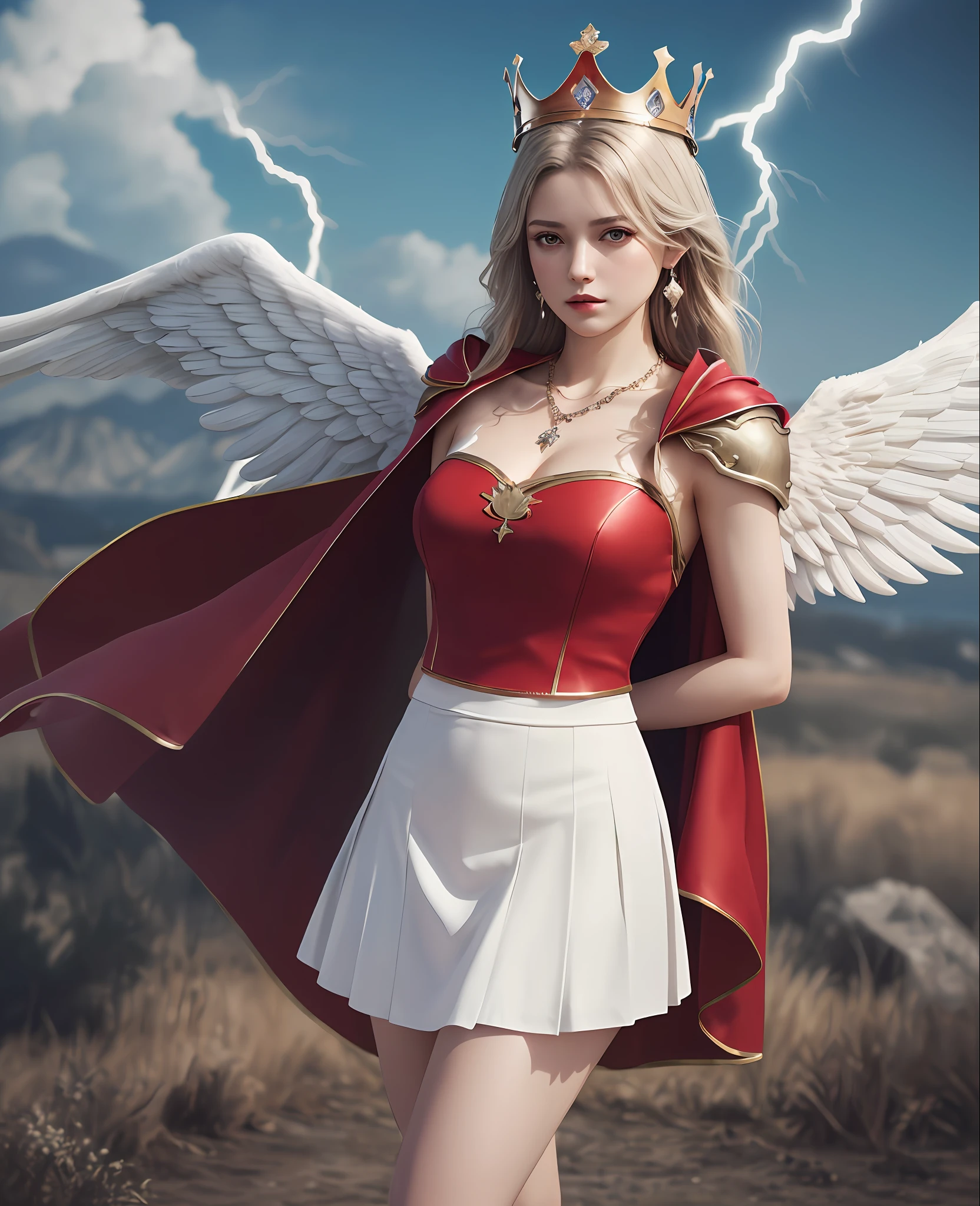 (RAW photo:1.2),(sky, flying,white Wings of Angels :1.5),(hair_ornament,hairclip,jewelry),(arms behind back:1.4),(lightning,electricity),
(necklace),(earrings),(Perfect body:1.1),detailed clothing texture,(crown:1.5),
Milk-like skin,(ultra high res,realistic, photo-realistic:1.3),(armor,skirt,red cape:1.3),
masterpiece,an extremely delicate and beautiful,CG,unity, female,
finely detail,extremely detailed CG unity 8k wallpaper,huge filesize,(1girl),(solo),(looking at viewer:1.5),
(full body:1.1),